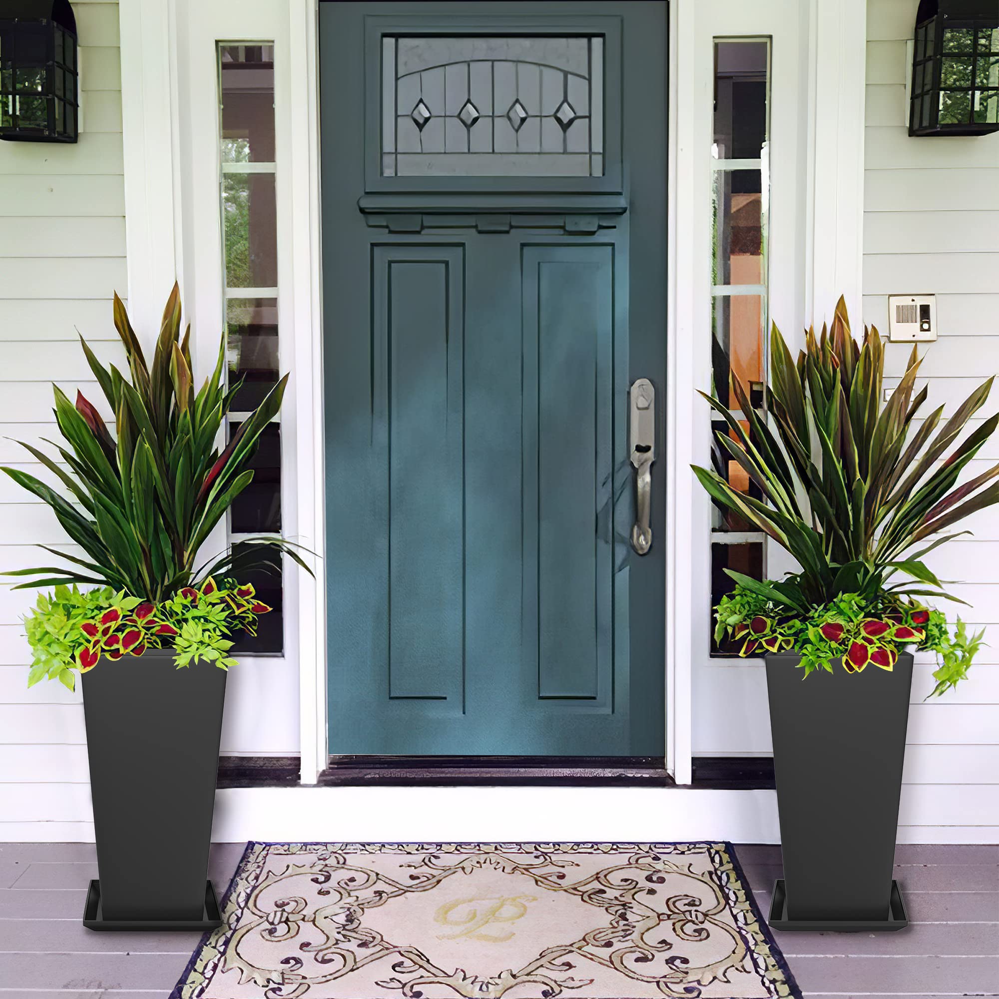 Elevens 29 Inch Tall Tapered Square Planters - 2 Pack Large Indoor/Outdoor Garden Flower Pots with Drainage Tray - Perfect for Patio, Balcony, Living Room & Office Decor (Black)