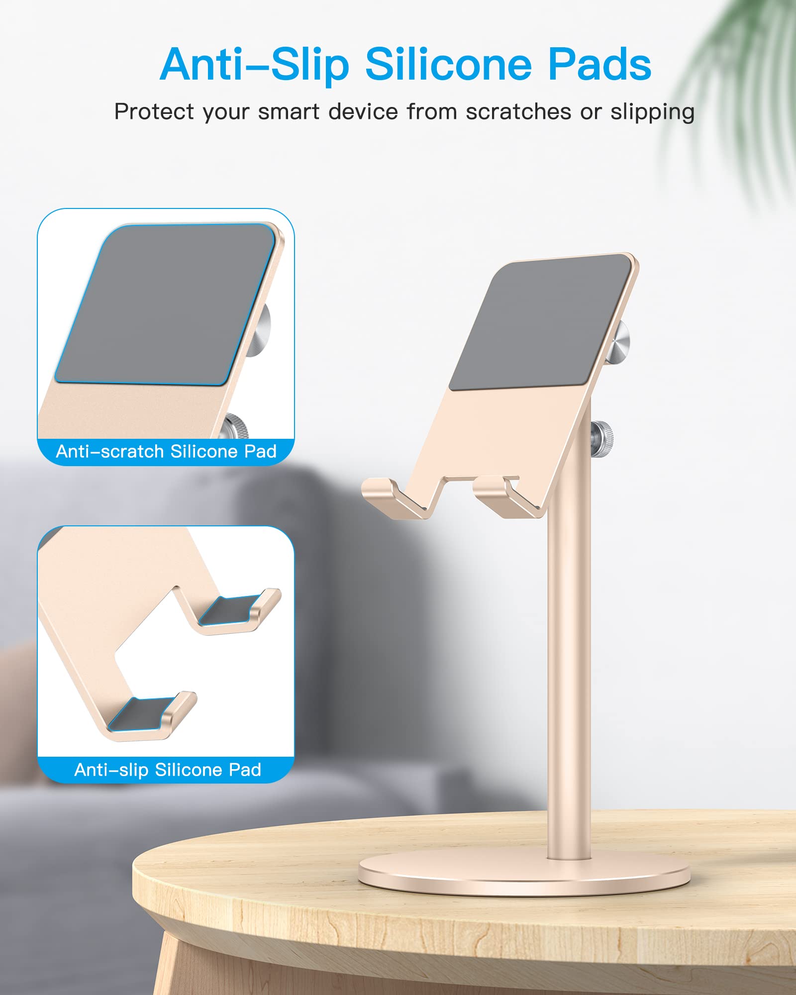 OMOTON Adjustable Aluminum Phone Stand for Desk - Gold | Compatible with iPhone 13/12/11/Pro/Max, Samsung Galaxy, All Smartphones & Tablets 4-11