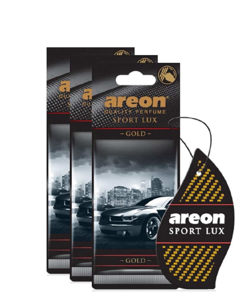 AREON Sport Lux Gold Car Air Freshener - Premium Cologne Scent for Home & Office - Natural Long-Lasting Fragrance - Elegant Hanging Cardboard Design (3 Pack) - Perfect for Cars, Workspaces & Living Rooms