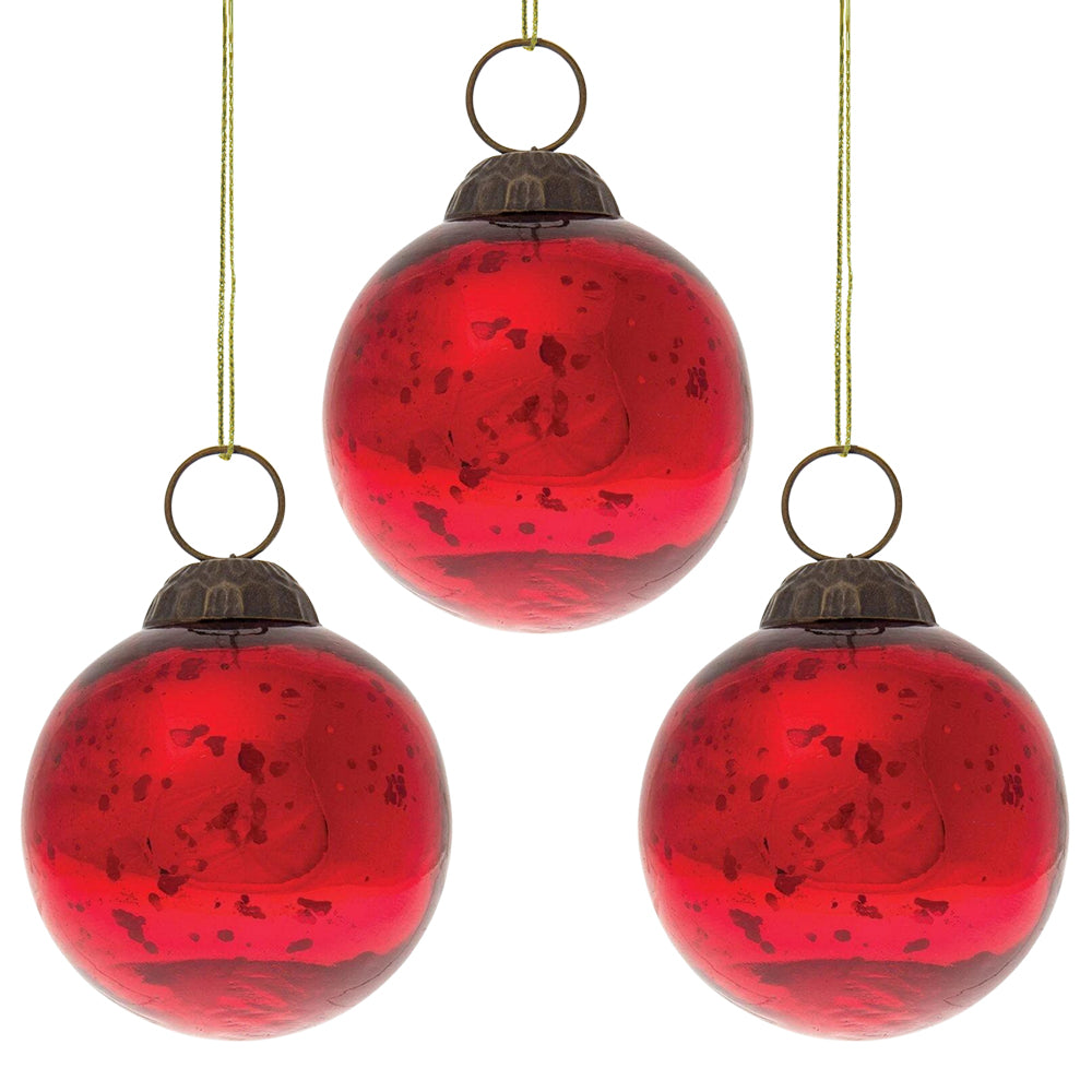 3 Pack Small Mercury Glass Ball Ornaments - 2.5 Inch Red Christmas Tree Decorations (Ava Collection) - Perfect for Holiday Decor, Party Favors & Gift Toppers