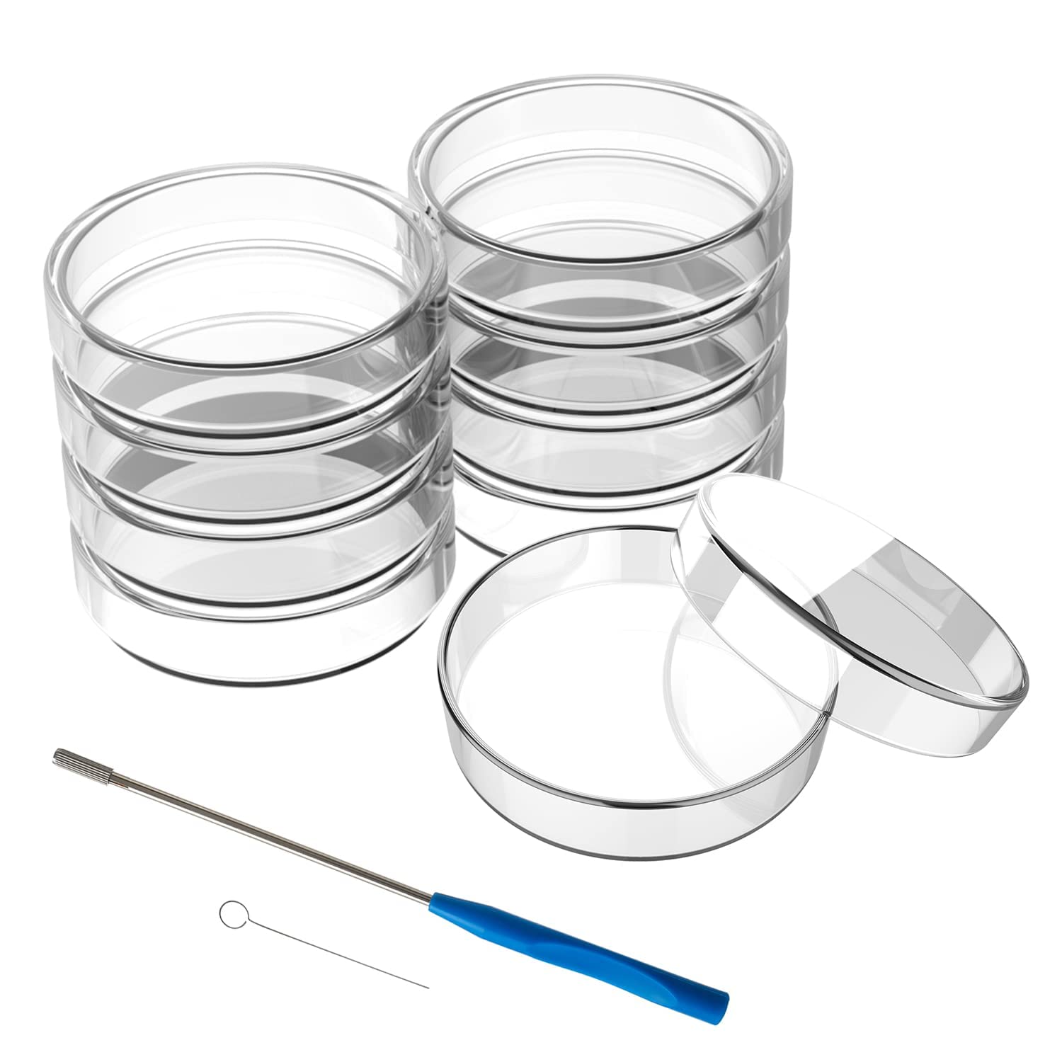 90mm Glass Petri Dishes with Lids - 10 Pcs Autoclavable Lab Petri Plates with Inoculation Loop - Reusable Glass Culture Dishes for Agar Plates, Mushroom Cultivation, Science Projects & Microbiology Experiments - Perfect for Labs, Classrooms & Home Science Kits