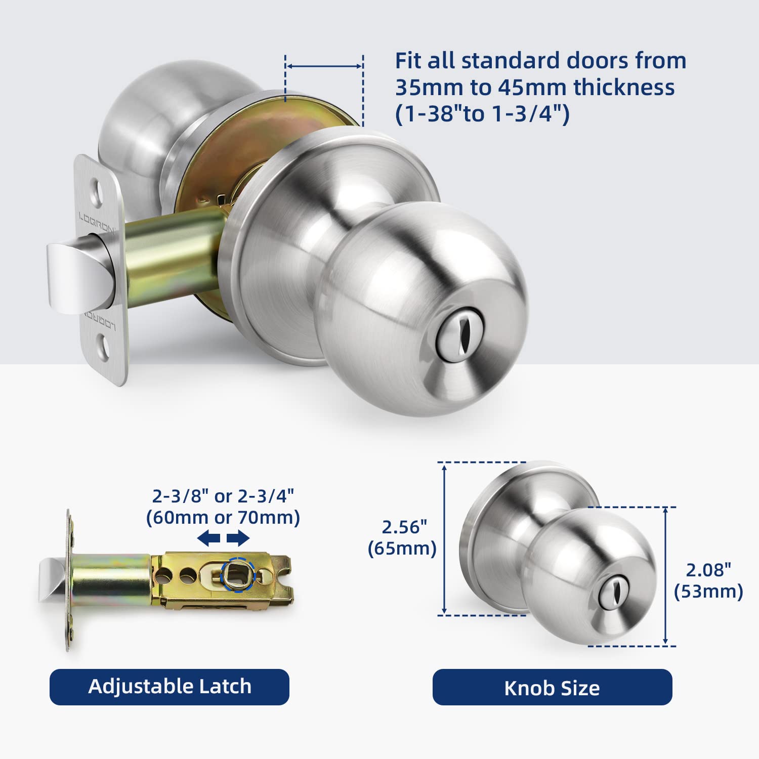 Keyless Ball Door Knob - Satin Nickel Privacy Lock for Bedroom & Bathroom - Easy Installation