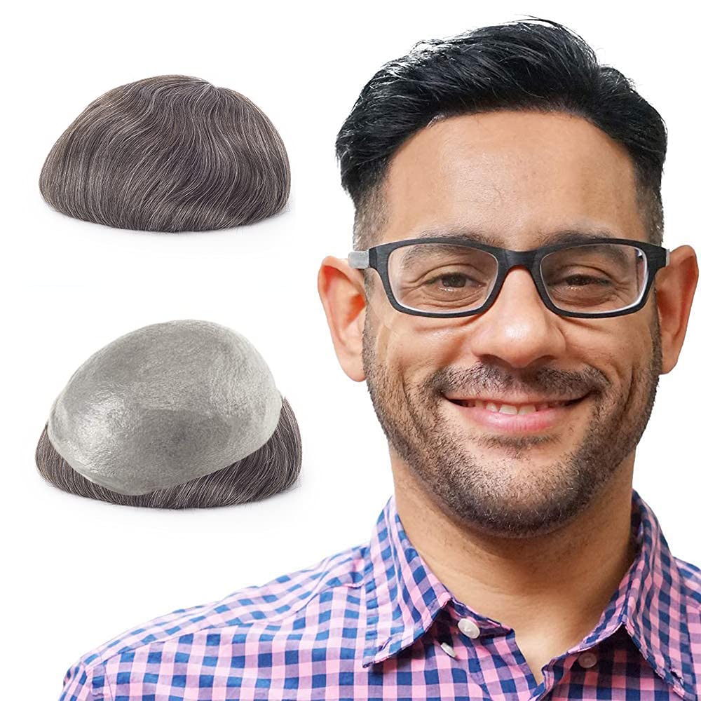 Premium 8x10 Inch Human Hair Toupee for Men - 0.06mm Super Thin Skin Hair System with V-Loop Technology (Dark Light Brown Mixed with 30% Gray) - Natural Looking Hair Replacement for Thinning Hair & Baldness - Perfect for Daily Wear, Special Occasions & Professional Settings