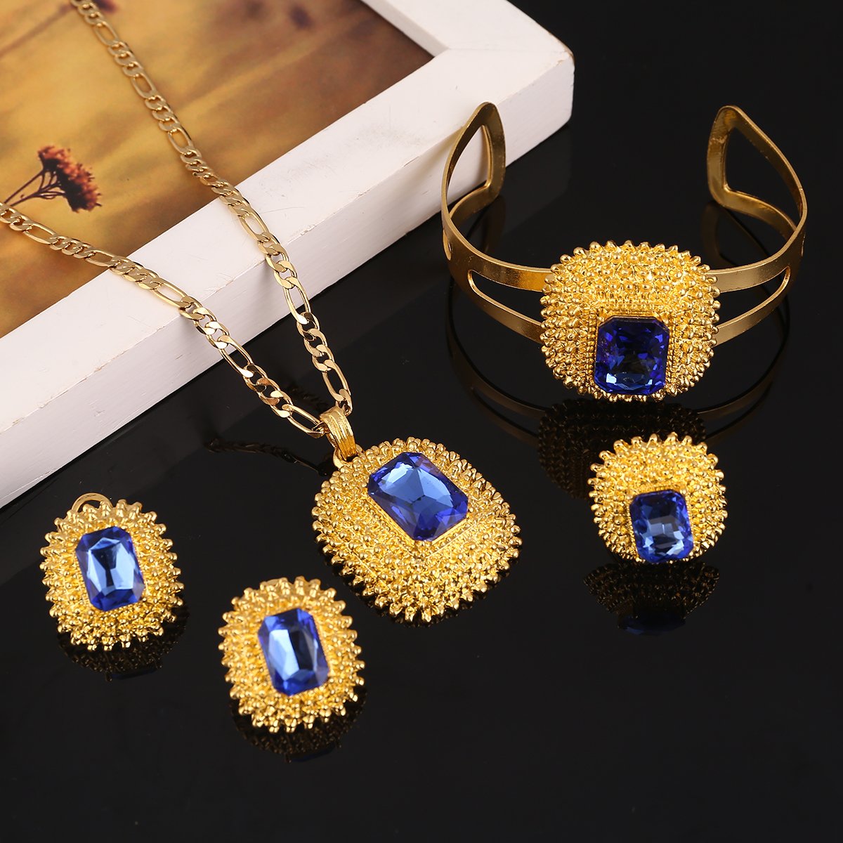 Ethiopian Gold Color Wedding Jewelry Set - Red Blue Green Stone African Habesha Jewelry for Bridal, Anniversary & Special Occasions