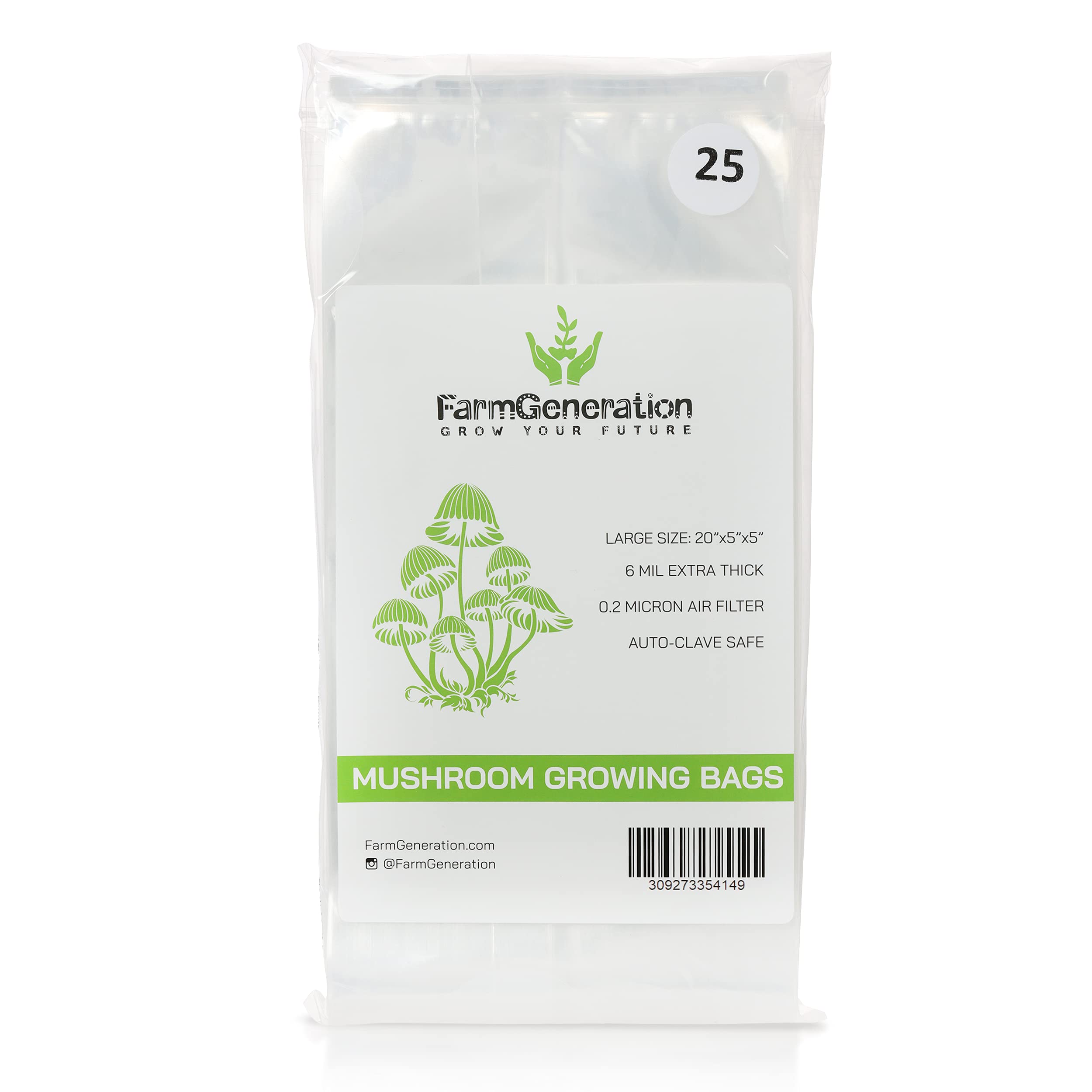 FarmGeneration Mushroom Grow Bags 25-Pack - 0.2 Micron Filter, 6 Mil Thick Breathable Autoclavable Spawn Bags for CO2 Myco Growing - Large Size 20