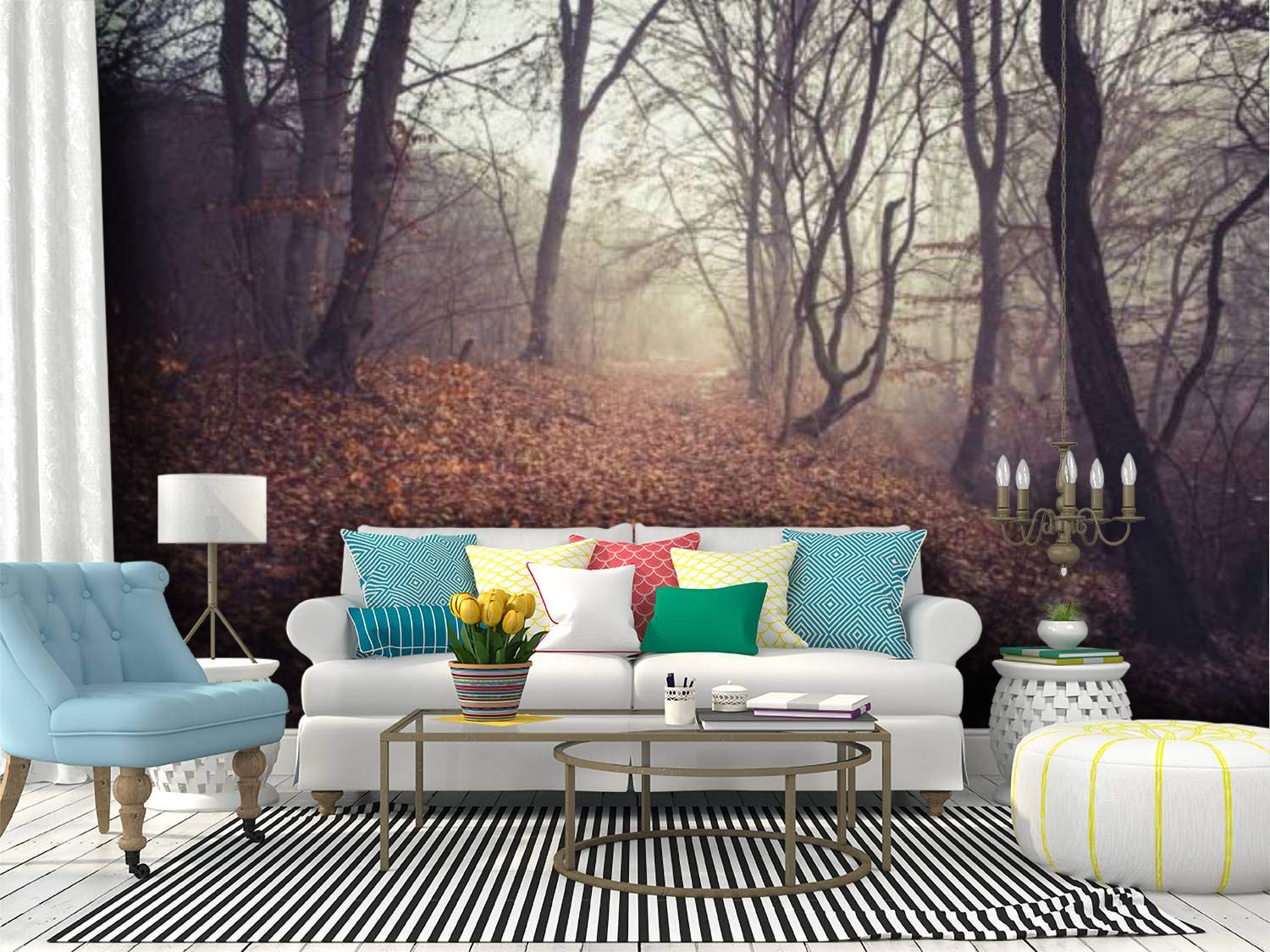 RECETHROWS Misty Morning Dark Autumn Forest Peel and Stick Wallpaper - Self-Adhesive Removable Vinyl Wall Mural for Home Decor, Living Room, Bedroom, Nursery & Office (Large Roll)