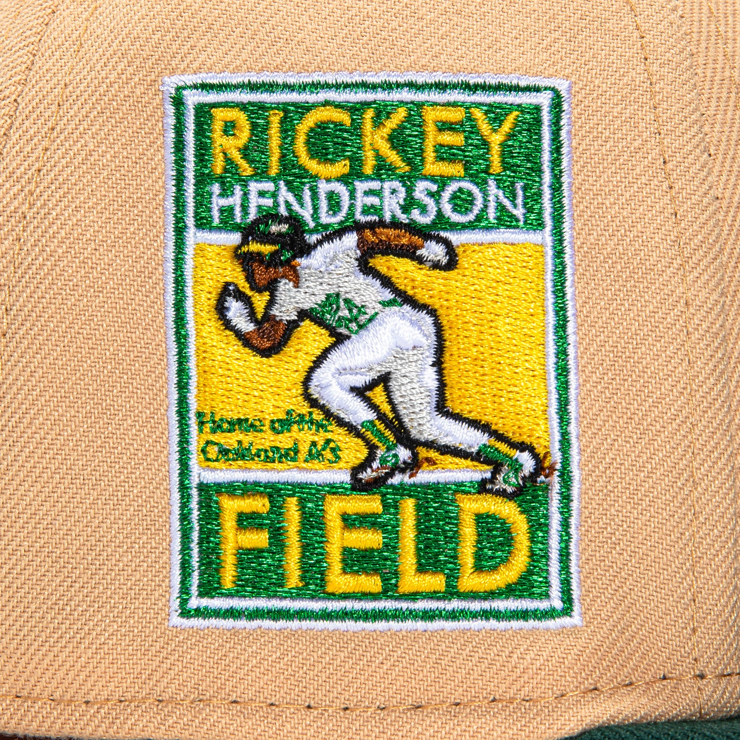 New Era 59Fifty Oakland Athletics Rickey Henderson Field Patch Baseball Cap - Khaki & Green - Official MLB Licensed Hat for Baseball Fans & Sports Enthusiasts - Perfect for Games, Collecting & Streetwear Fashion