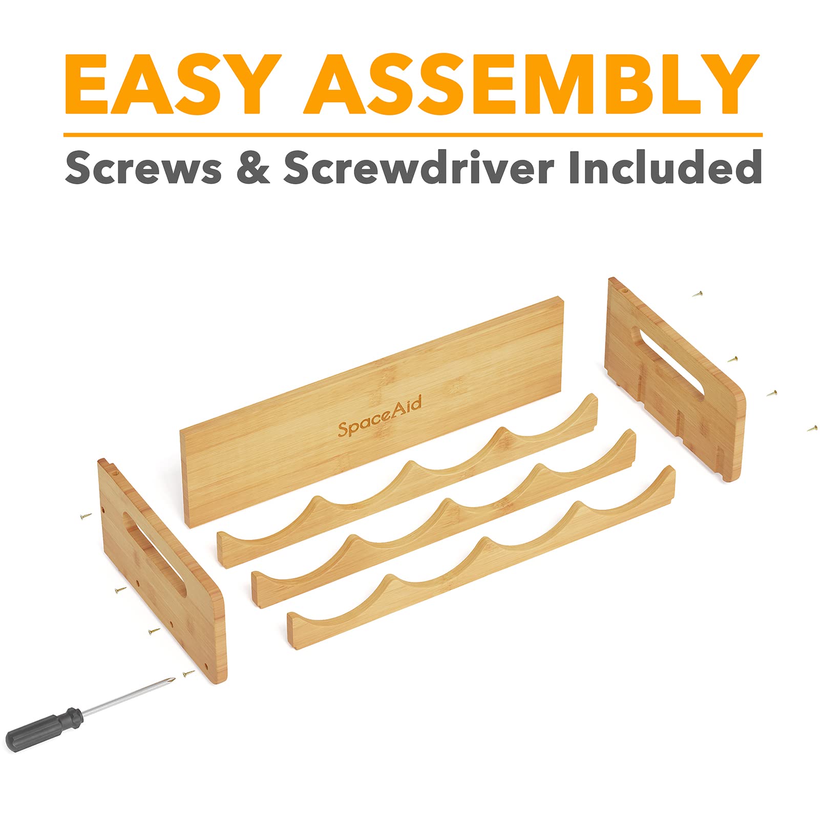 SpaceAid 2-Pack Bamboo Water Bottle Organizer with Labels - 4-Slot Kitchen Pantry Storage Rack for Cabinets, Holds 8 Bottles - Perfect for Organizing Cups, Wine Bottles & Drinkware in Home, Office or RV