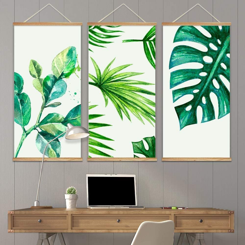 3 Panel Hanging Poster with Wood Frames - Watercolor Style Tropical Leaves Wall Art - Ready to Hang Home Decor for Living Room, Bedroom & Office