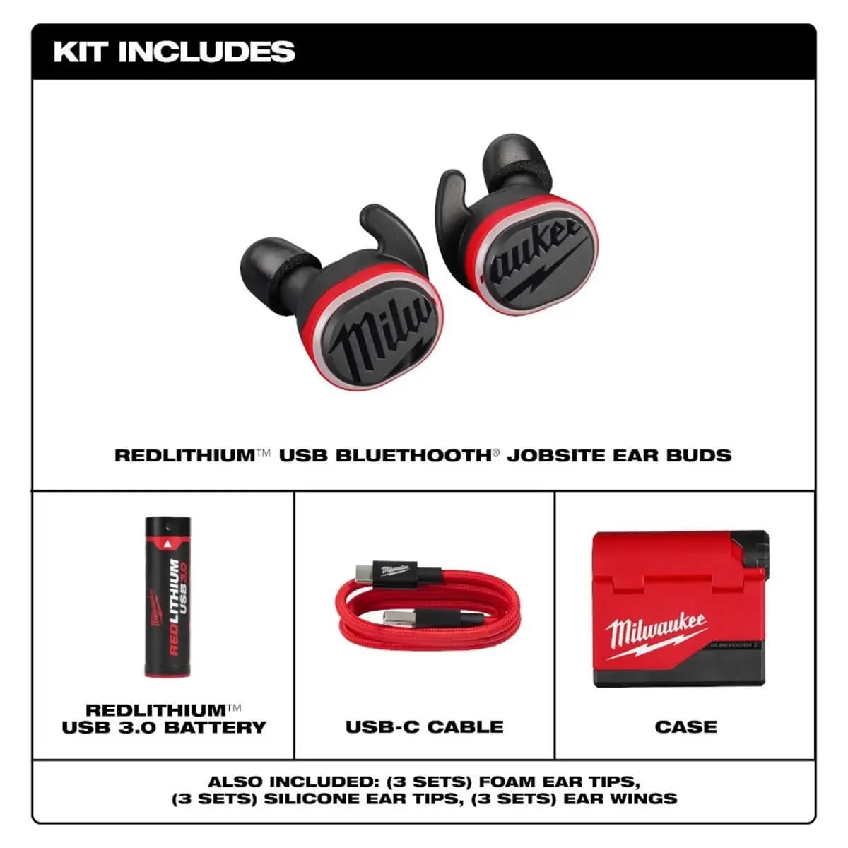 Milwaukee 2191-21 REDLITHIUM USB Bluetooth Jobsite Ear Buds - Wireless Noise Cancelling Earbuds for Construction, Work & Outdoor Activities