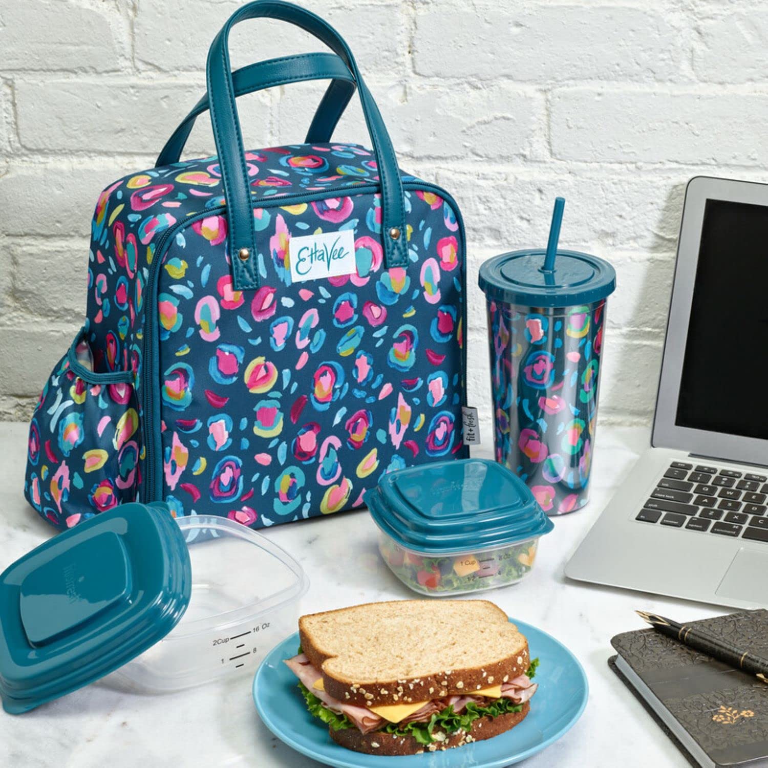 Fit & Fresh Insulated Leakproof Lunch Bag for Women - Stain-Resistant Large Lunch Box with Containers, Tumbler & Ice Pack - Zipper Closure Wichita Leopard Design - Perfect for Work, Office, School & Picnics