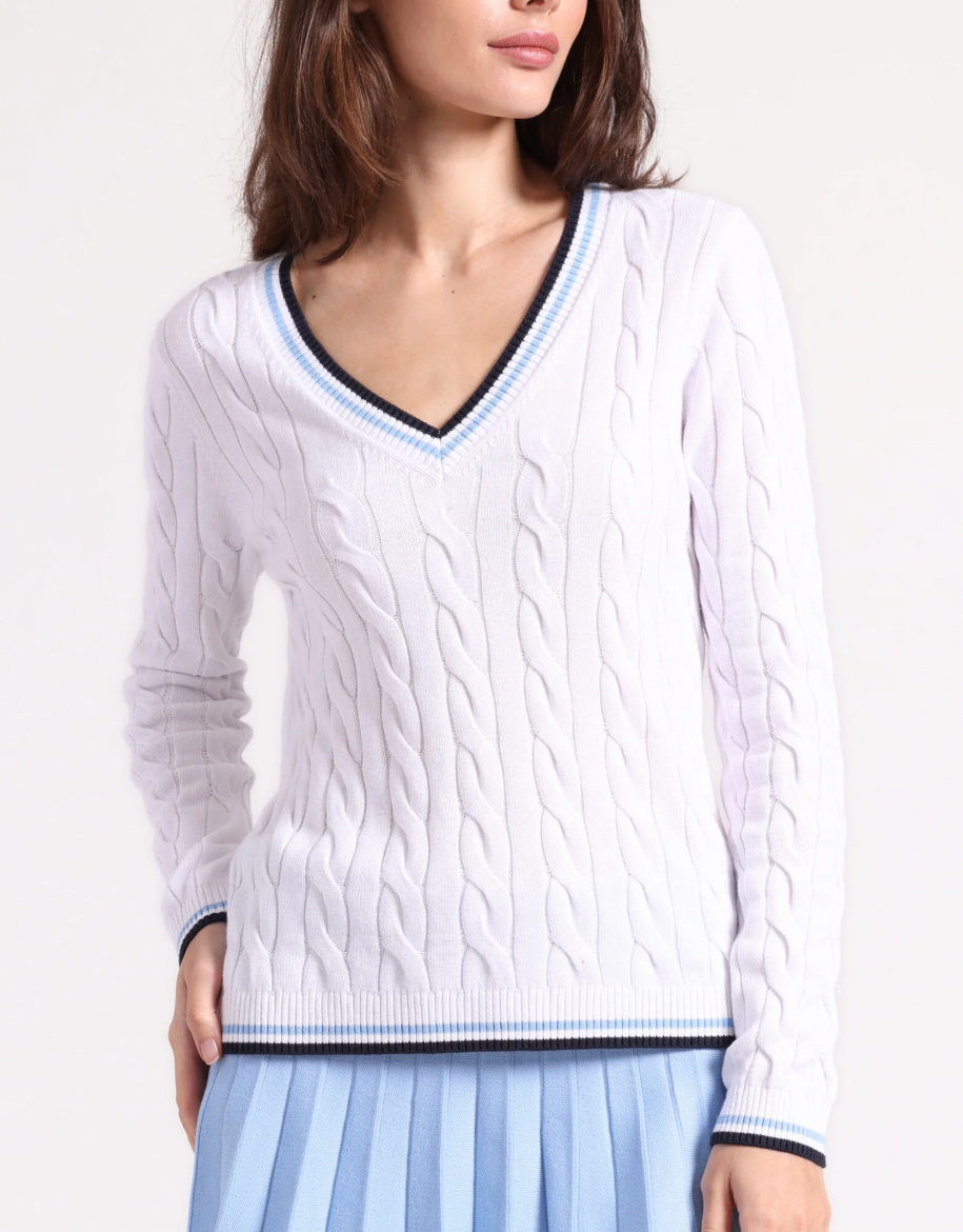 Minnie Rose Women's Cotton Sporty Cable Knit V-Neck Sweater - Cozy Casual Pullover for Fall & Winter Outfits