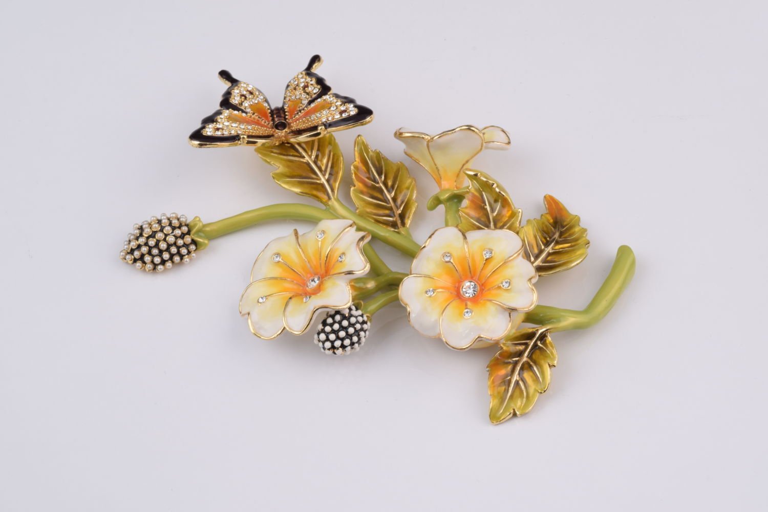 Exquisite Faberge-Style Butterfly on Branch with Flowers Trinket Box - Elegant Home Decor Jewelry Storage for Vanity, Gift, or Display