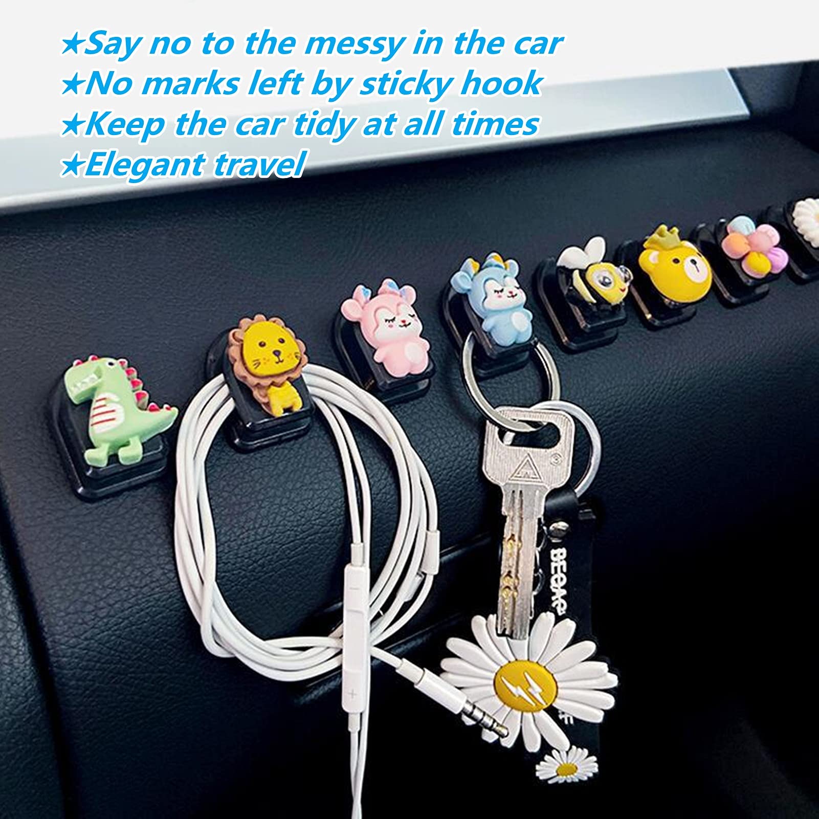 Adorable Cartoon Mini Car Hooks - Creative Sticky Dashboard Hooks for Car Seat Back Organizer - Perfect for USB Cables, Car Keys & Earphone Wires - Ideal for Car Interior Organization & Accessories - Great for Road Trips & Daily Commutes