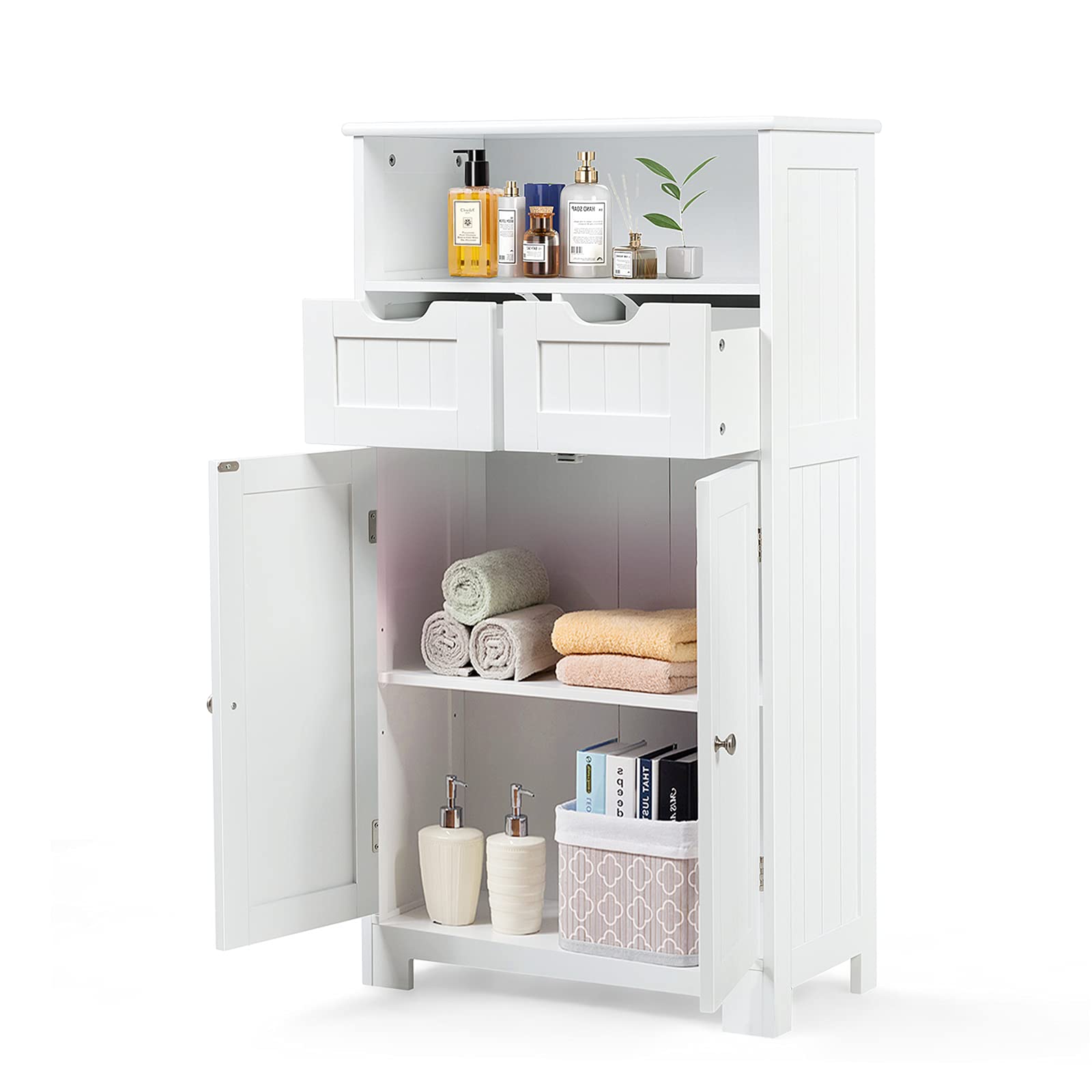 Rainfally Bathroom Storage Cabinet with Open Shelf, 2 Doors & Adjustable Drawers - White Standing Cupboard for Kitchen, Bathroom, Bedroom & Office - Perfect for Organizing Towels, Toiletries & Cleaning Supplies