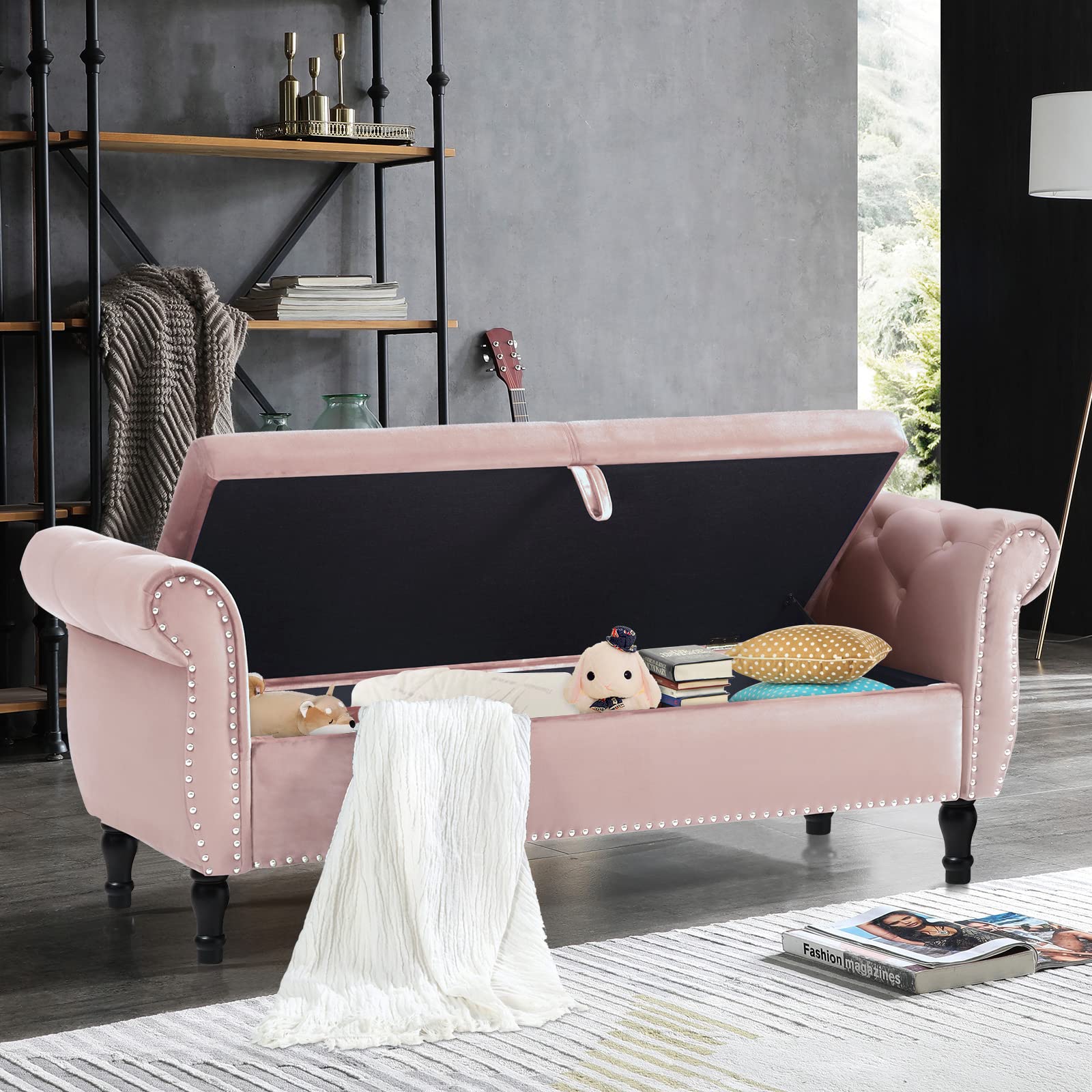 Velvet Storage Ottoman Bench with Tufted Upholstery - Mid Century Modern Small Bench with Hidden Storage & Toss Pillow - Multi-Functional Footrest, Bed End Bench, Entryway Seating for Bedroom, Living Room, Hallway (Pink) - Perfect for Small Space Organization & Cozy Home Decor