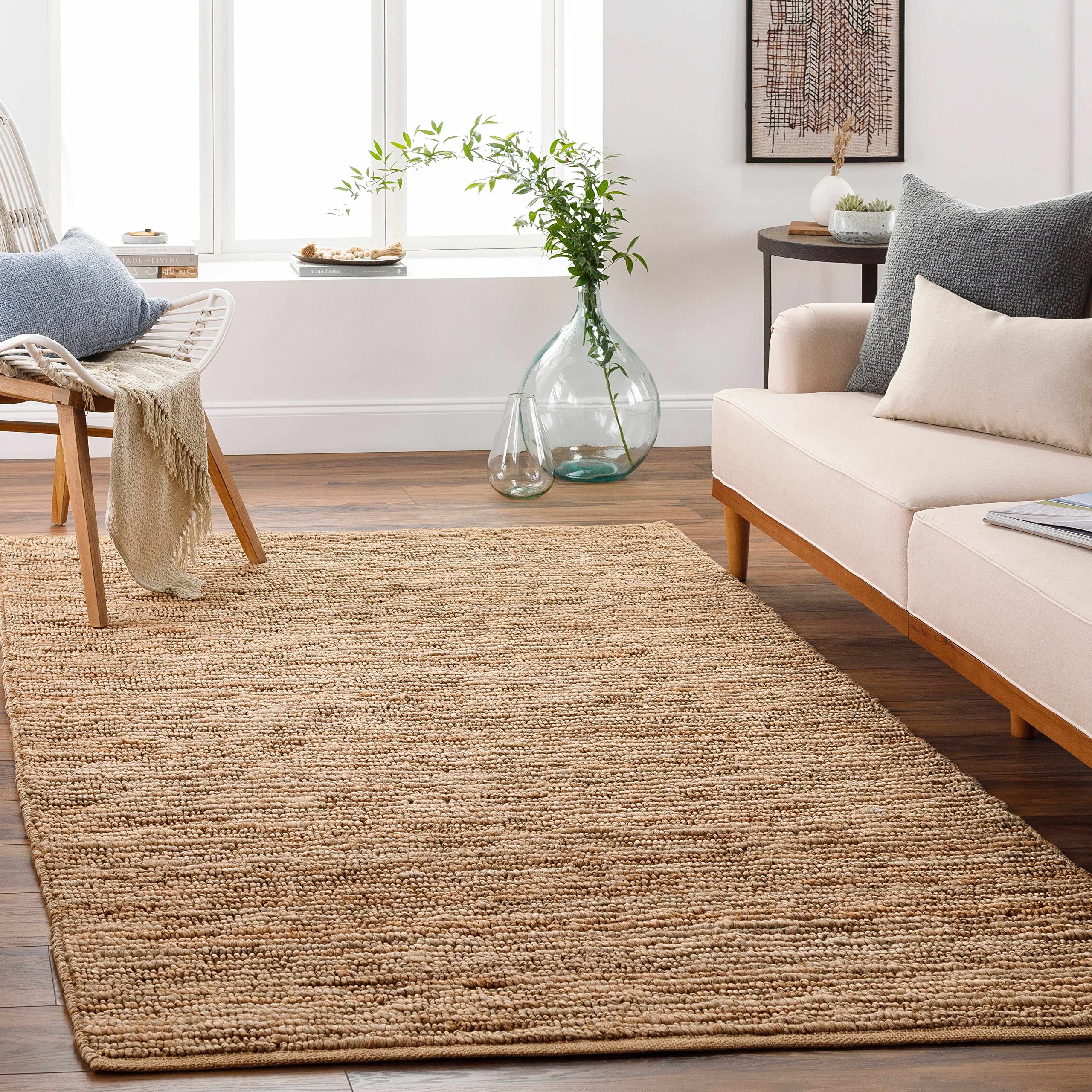 Hauteloom Glover Iantha Natural Jute Rug - Handwoven Sea Grass Area Rug - Eco-Friendly Farmhouse Style Carpet - Rattan Wicker Look - Brown & Beige - 3'6