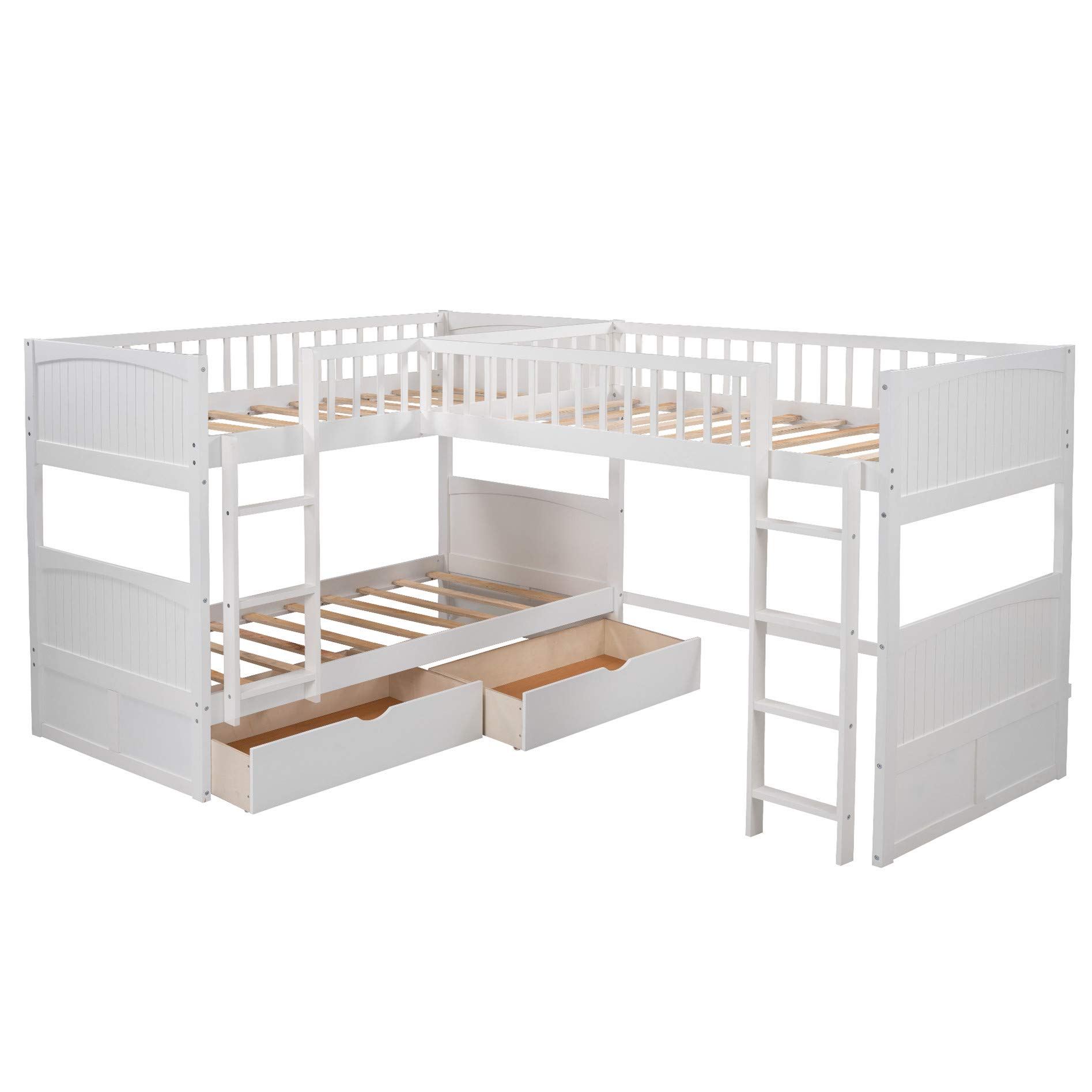 **White Wood Triple Bunk Bed with Drawers - L-Shaped 3-Person Bunk Bed, Twin Over Twin with Loft - Space-Saving Kids, Teens & Adults Bedroom Furniture for Small Rooms, Dorms, Cabins & Shared Spaces**