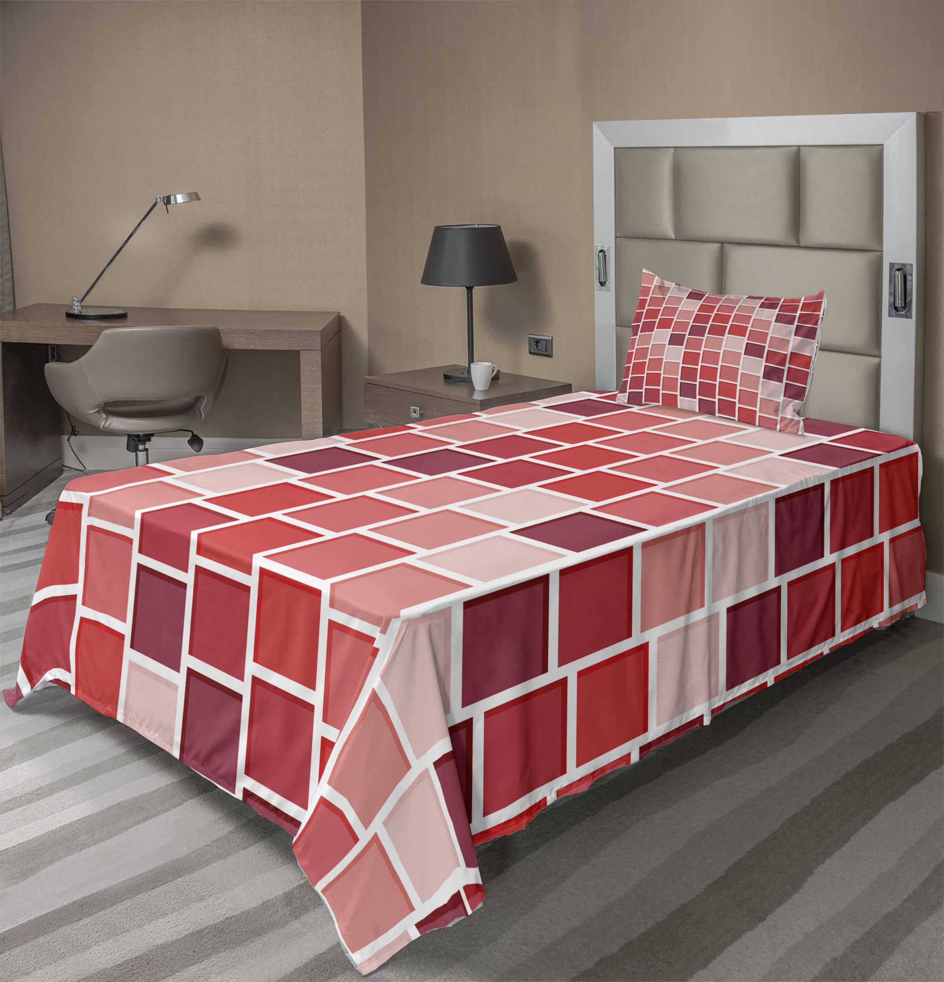 Ambesonne Geometric Bed Sheet Set - 3 Piece Tile Rectangle Square Cube Pattern with Vertical Lines, Fitted & Flat Sheets + Pillowcase, Twin Size, Coral Rose Color - Perfect for Modern Bedroom Decor, Guest Room or Dorm Room Essentials