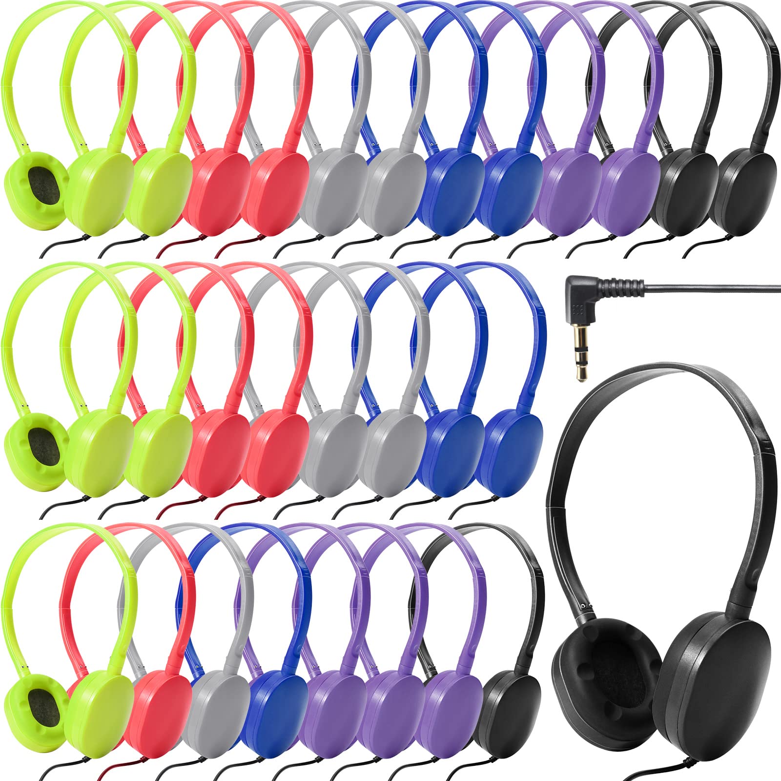30 Pack Wired On-Ear Headphones for Kids - Adjustable Stereo Headphones with Bright Colors - Perfect for School, Travel, Airplane, Laptop & Tablet Use - Ideal for Boys & Girls