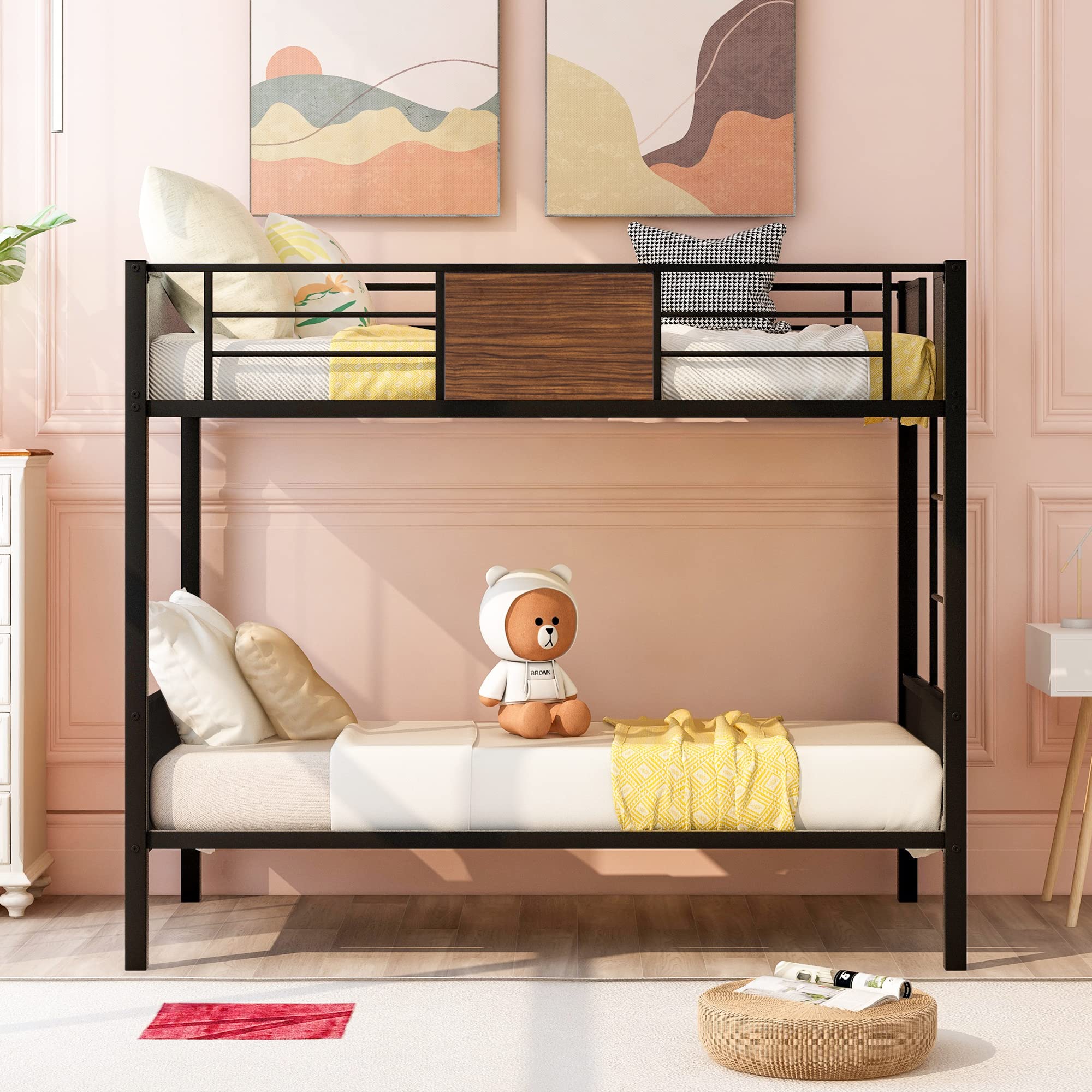 Modern Twin-Over-Twin Metal Bunk Bed with Safety Rail & Ladder - Sturdy Steel Frame Bunk Bed for Kids, Teens & Adults - Perfect for Small Bedrooms, Dorm Rooms & Guest Rooms