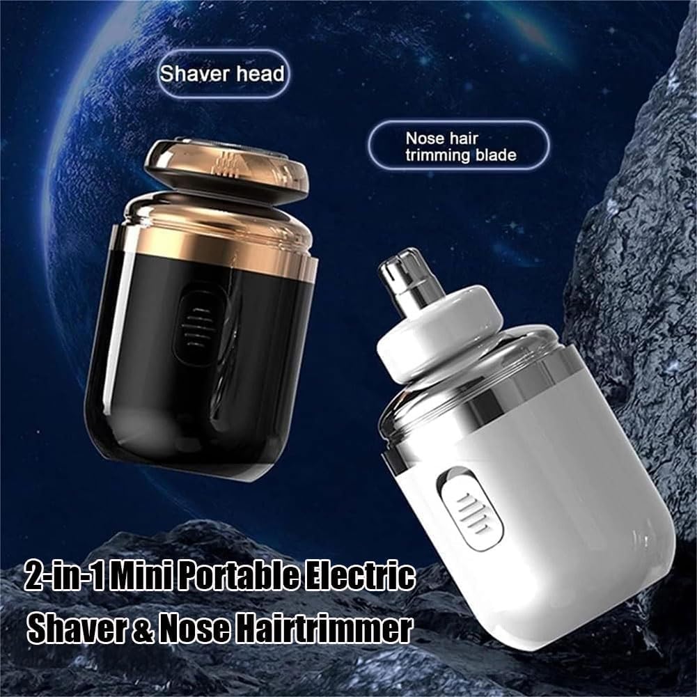 Portable Mini Electric Shaver for Men - 2-in-1 Capsule Razor with Nose Hair Trimmer, Rechargeable Travel Shaver (White & Black) - Perfect for Travel, Gym & Daily Grooming