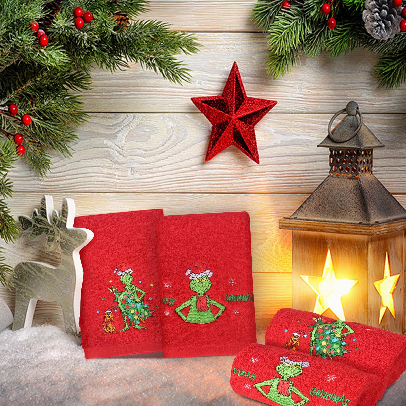 2 Pack Christmas Cotton Hand Towels Set - Absorbent & Soft Holiday Kitchen Dish Towels for Home Decor (Red) | Perfect Xmas Gifts for Kitchen, Bathroom & Festive Decorations