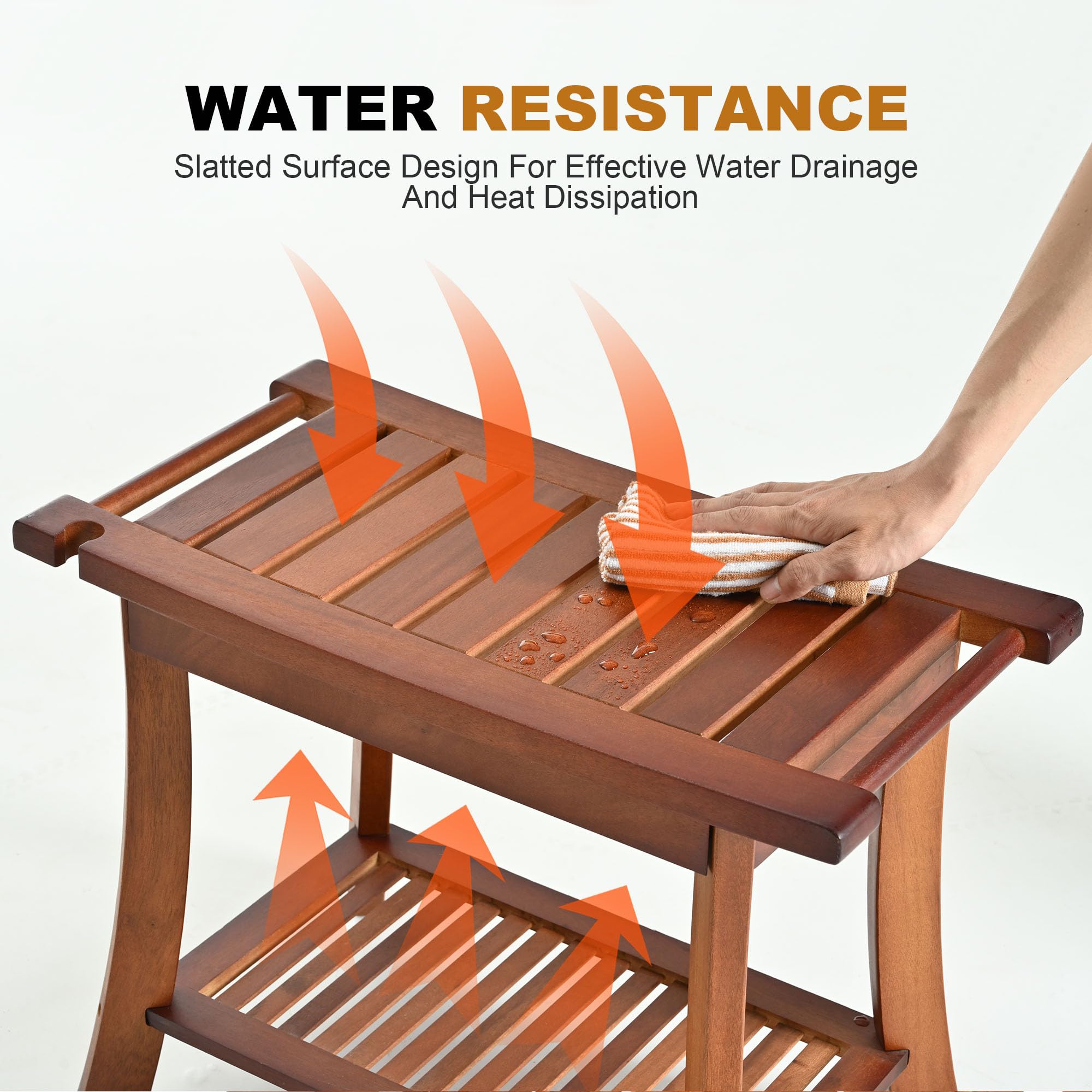 Teak Shower Chair Stool - 24 Inch Wooden Shower Bench Seat with Storage Shelf for Adults, Elderly & Disabled - Non-Slip Bathroom Stool for Indoor & Outdoor Use - Perfect for Spa, Bathroom Safety & Relaxation
