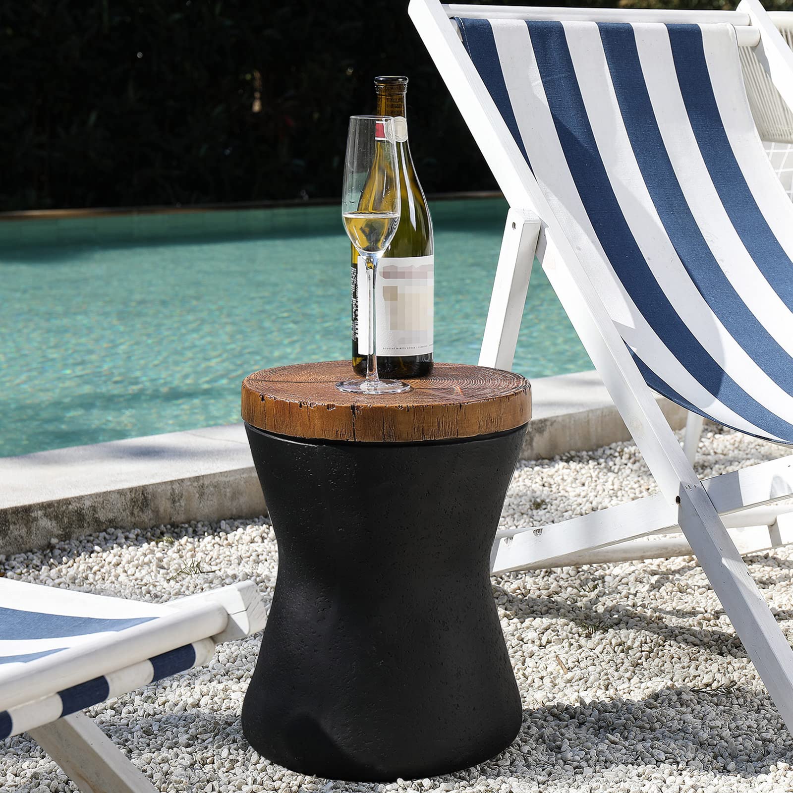 2-Piece Outdoor End Table Set with Faux-Wood Top & Black Base - Hand-Painted Tree Trunk Slice Design - Perfect as Accent Stool, Plant Stand or Patio Side Table for Garden, Balcony and Backyard Decor