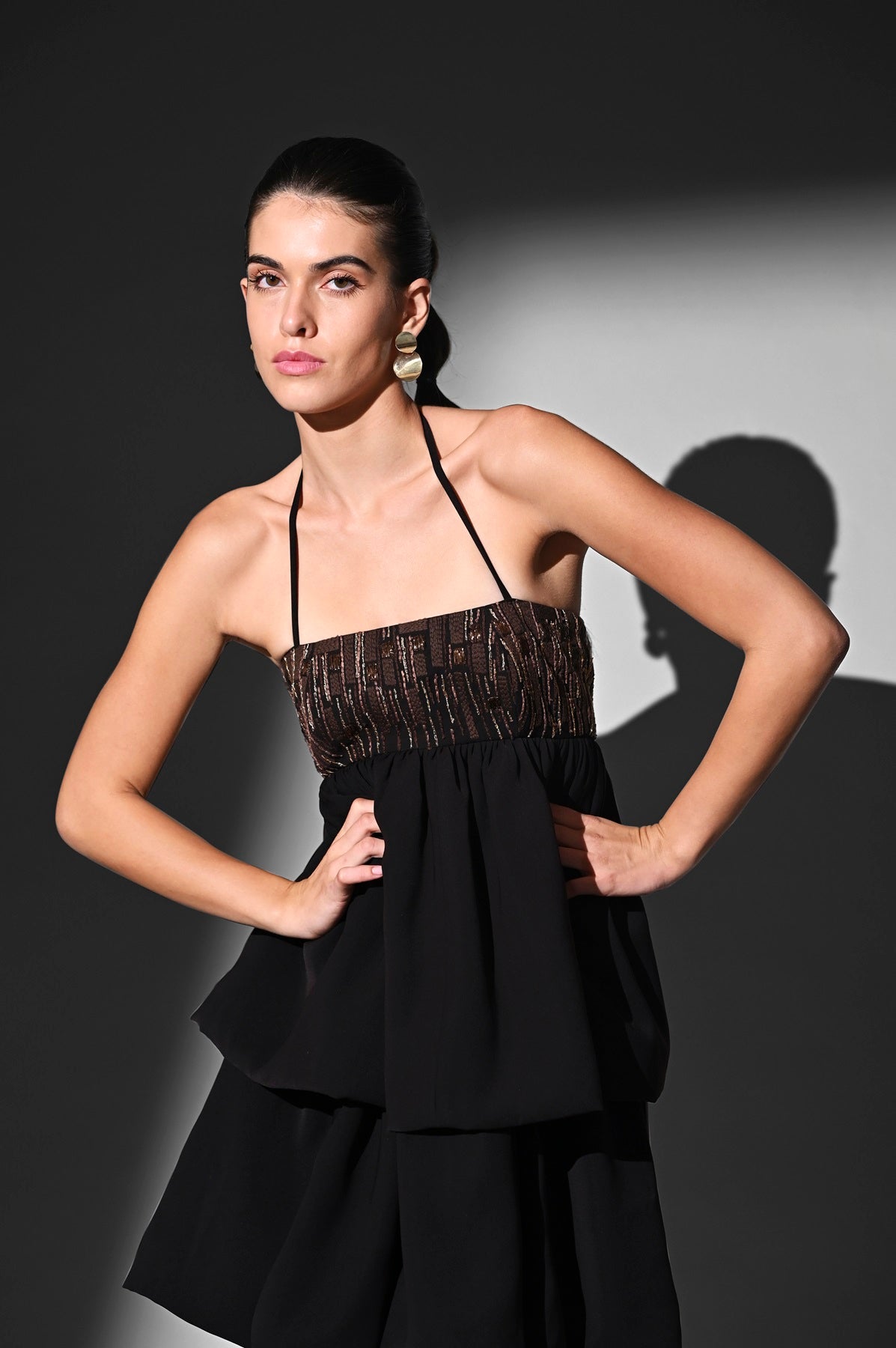 Elegant Brown Tiered Dress with Intricate Threadwork - Perfect for Weddings, Parties & Special Occasions