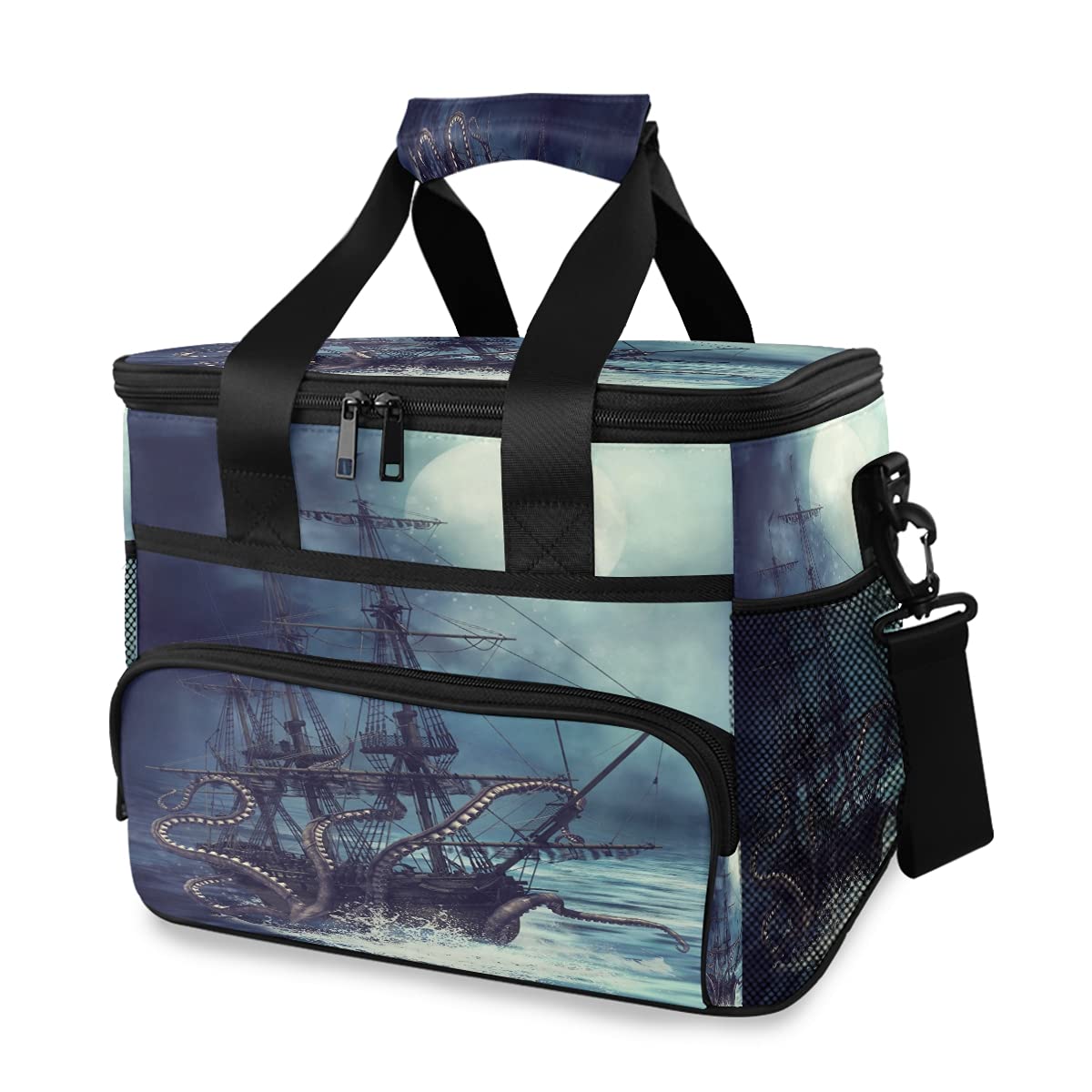 24-Can (15L) Insulated Lunch Box - Large Cooler Lunch Bag with Sea Pirate Boat & Tentacle Design, Soft Leakproof Cooling Tote for Men & Women - Perfect for Camping, Picnics, BBQs, Beach Trips & Outdoor Adventures