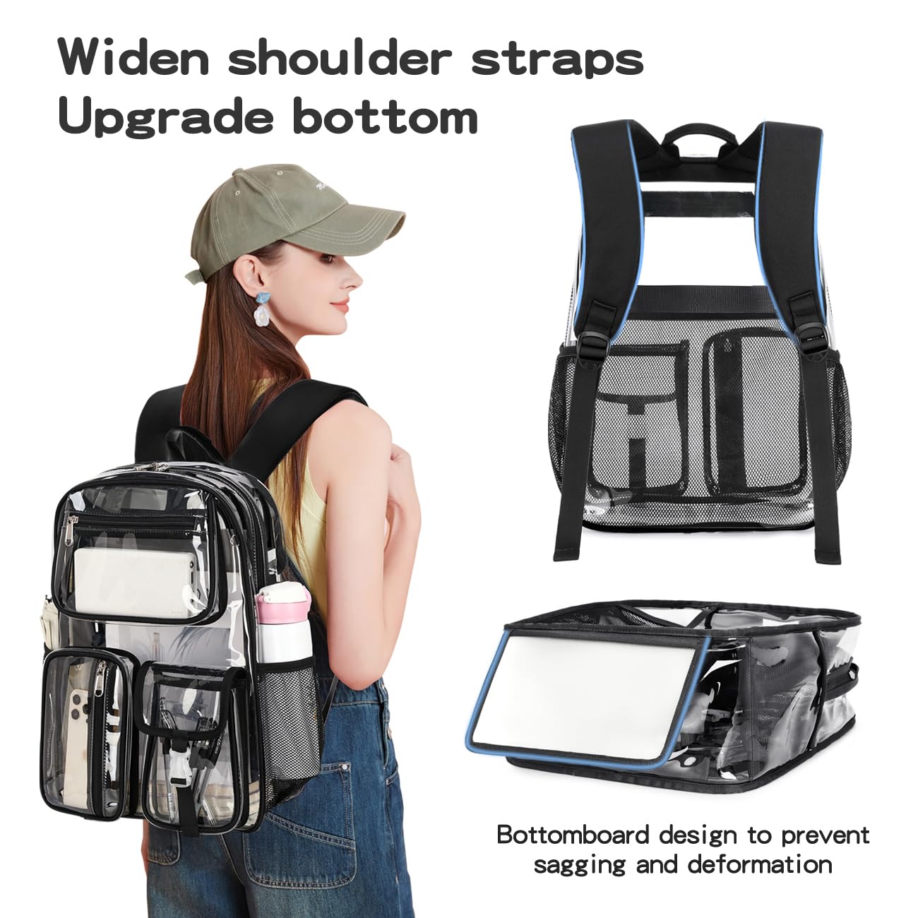 Heavy Duty Clear Backpack - 16 x 11 x 5 Inch TPU Large Capacity See Through Bookbag for Sports Events, Concerts, Travel & School - Waterproof & Durable (Black)