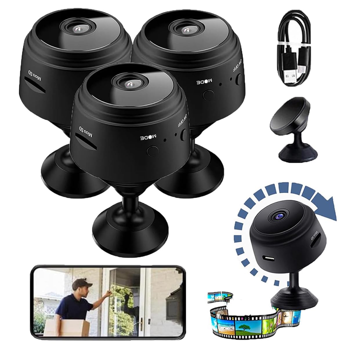 **Camtrix Mini 1080p HD Wireless Magnetic Security Camera - 3 Pack with Night Vision & Motion Detection, Covert Surveillance for Home & Office, Indoor/Outdoor Use**    *(Use Cases: Monitor baby rooms, secure garages, protect offices, or enhance outdoor property surveillance with easy magnetic mounting.)*