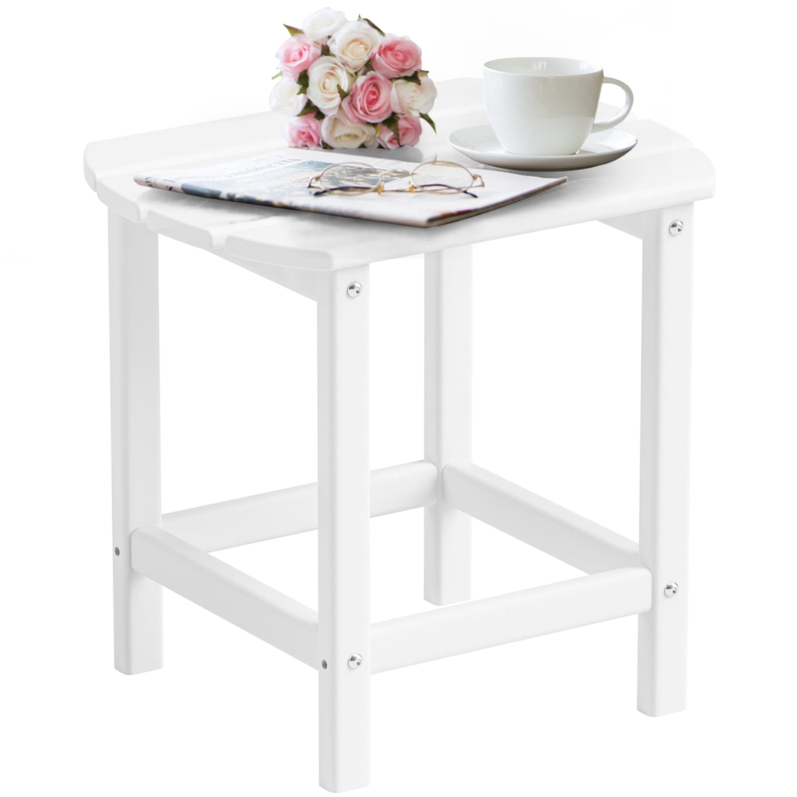 **DAILYLIFE Outdoor Side Table - White HDPE Plastic Adirondack Patio End Table for Lawn, Garden, Beach, Pool & Balcony - Small Outdoor Coffee Table (Single Layer) - Perfect for Picnics, Camping & Relaxing by the Pool**