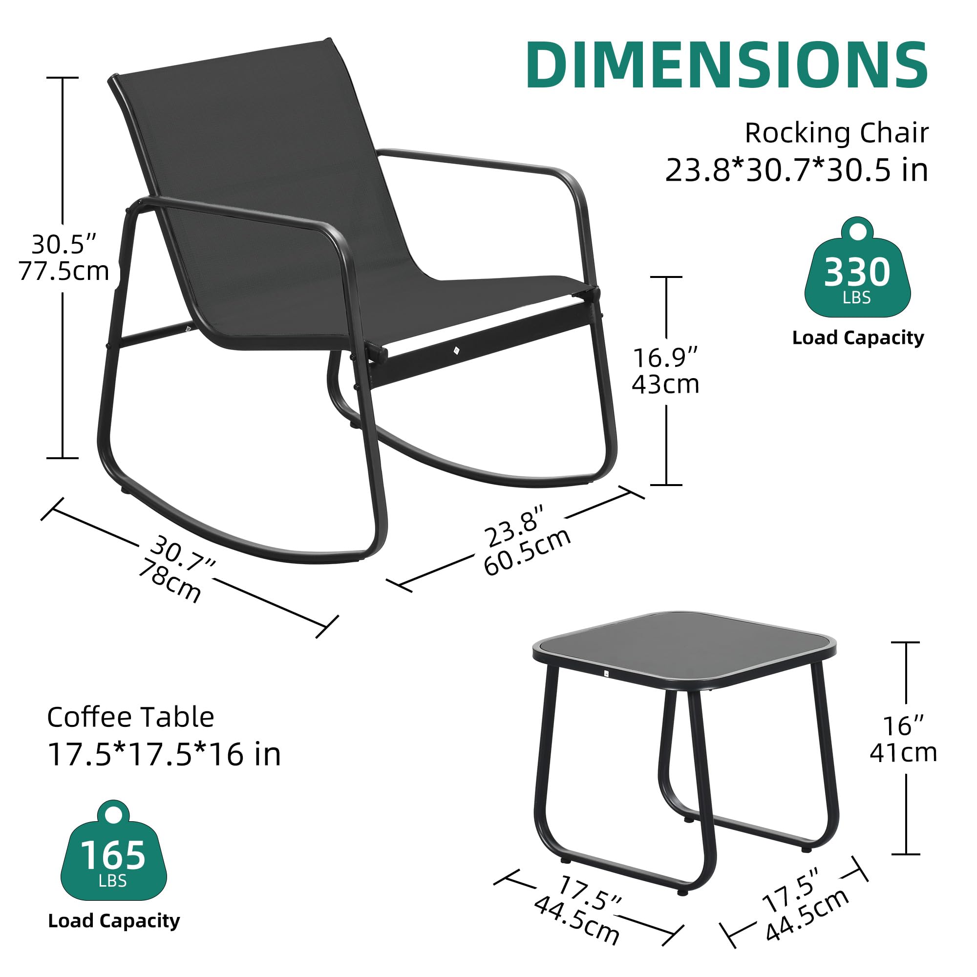 YITAHOME 3-Piece Outdoor Patio Furniture Set with Rocking Bistro Chairs & Tempered Glass Table - Textilene Fabric Conversation Set for Backyard, Garden, Balcony, Poolside (Black) | Perfect for Relaxing, Entertaining & Small Outdoor Spaces