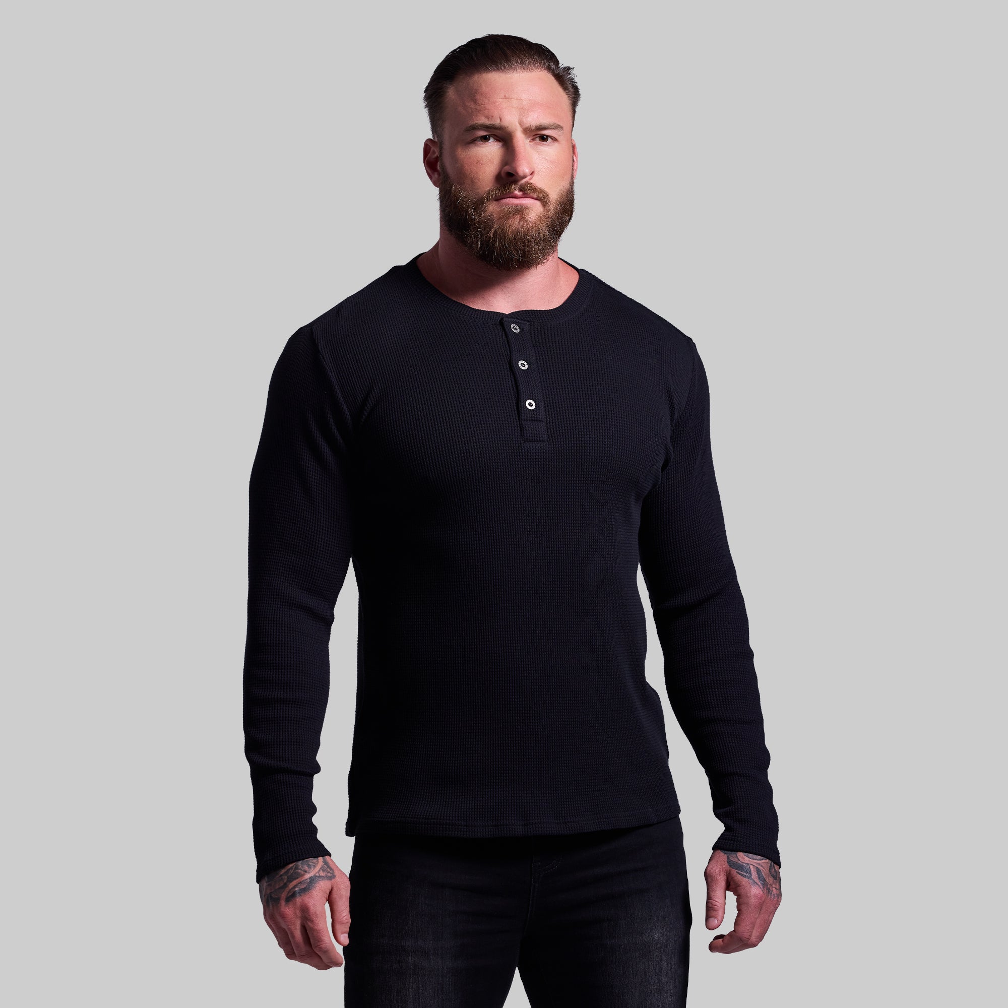 Ember Waffle Henley Shirt for Men - Soft Thermal Long Sleeve Button Up Top (Black) - Perfect for Casual Wear, Outdoor Activities & Layering in Cold Weather