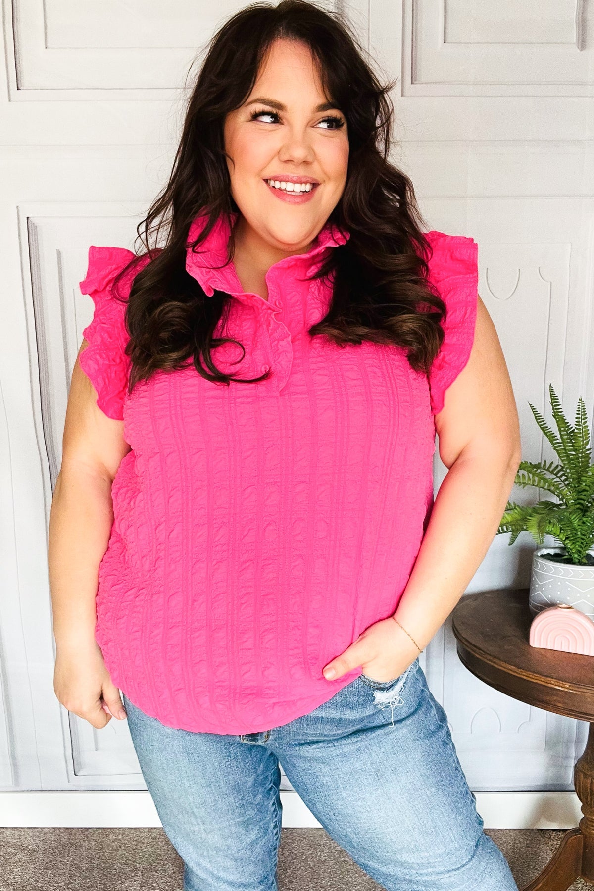 Stylish Haptics Hot Pink Textured Ruffle Mock Neck Button Down Blouse for Women | Trendy Office Wear & Casual Outfits