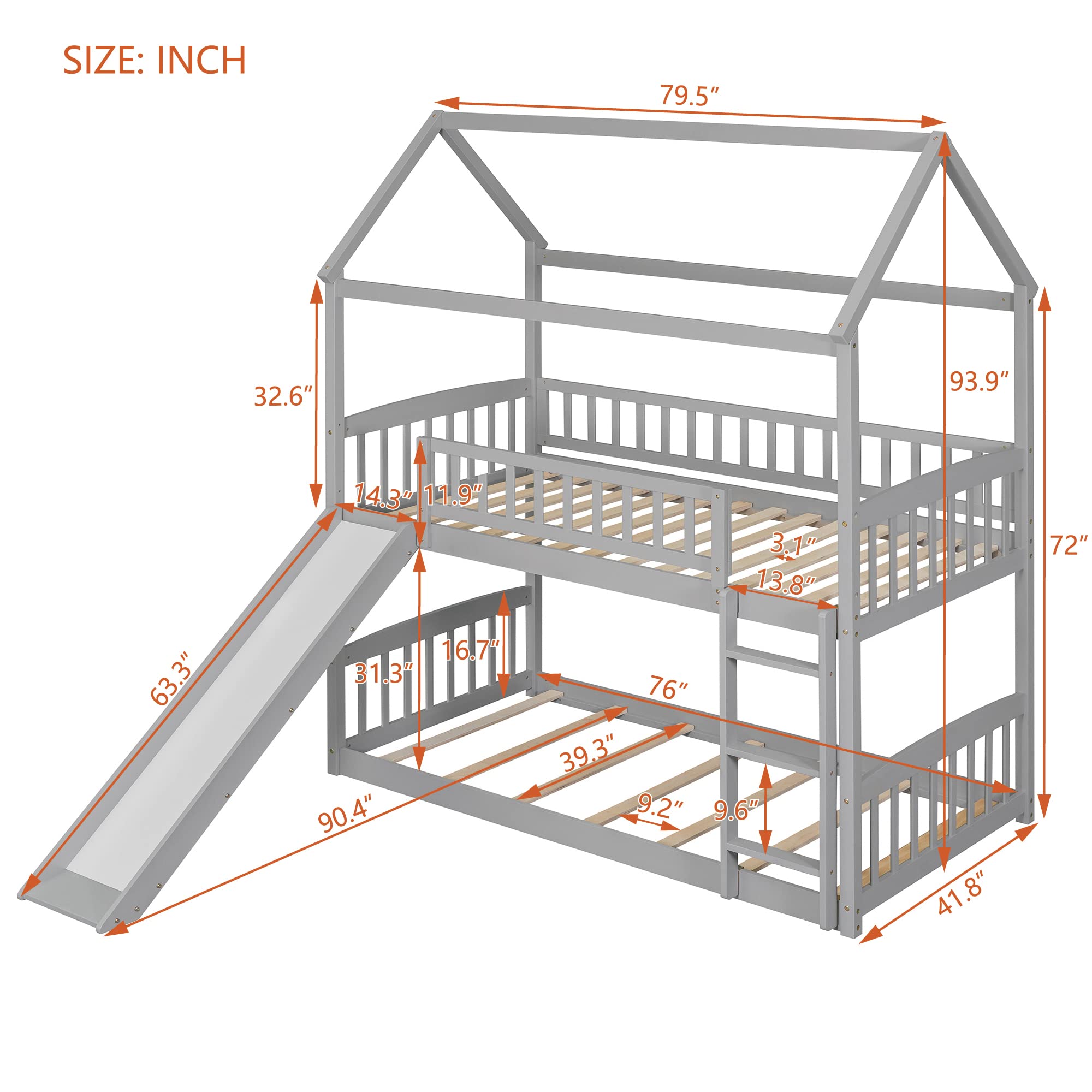 Kids Wooden Twin Over Twin Bunk Bed with Slide - Grey Space-Saving Loft Bed for Boys & Girls - Perfect for Small Bedrooms, Playrooms & Shared Kids' Rooms