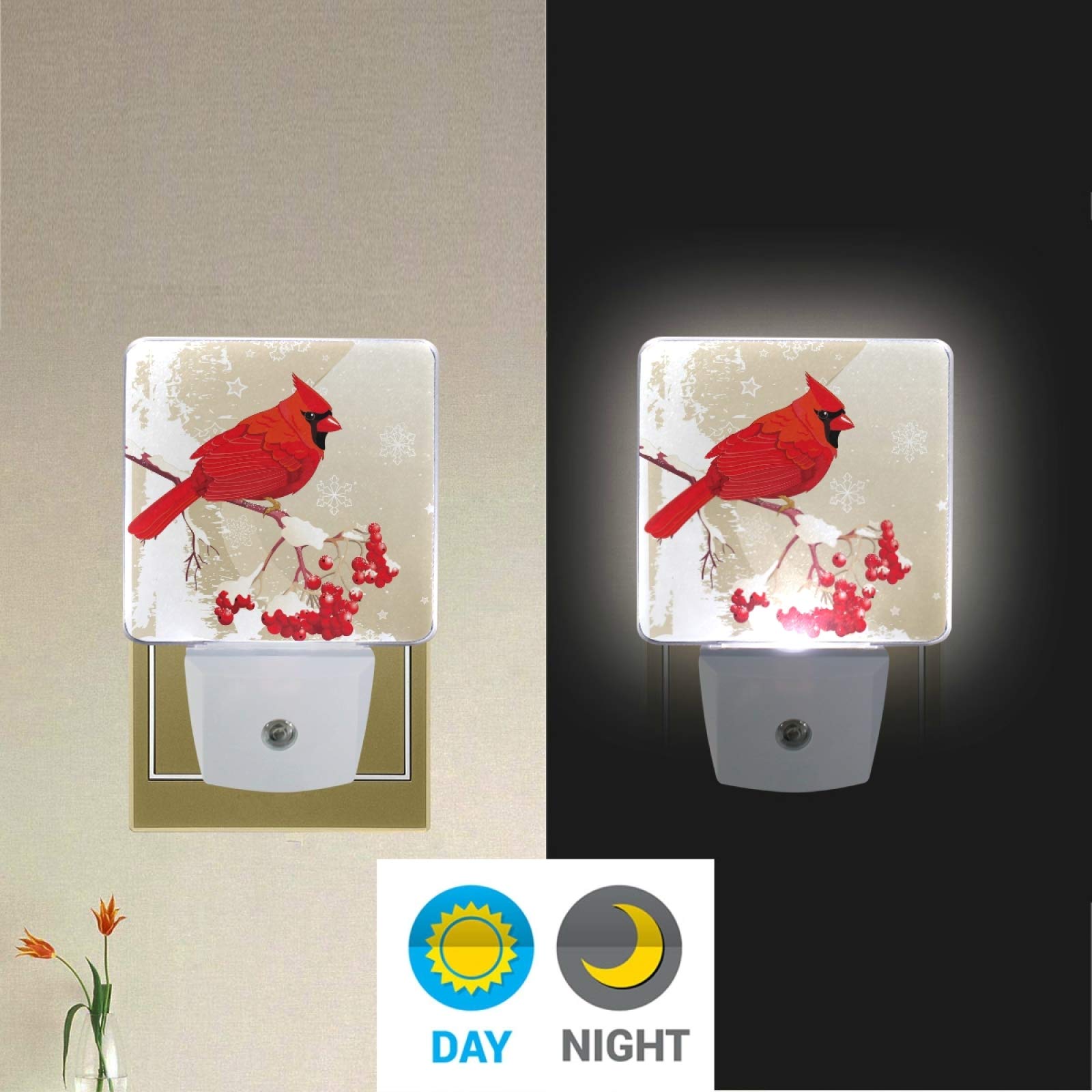 Vikko 2 Pack LED Red Cardinal Bird Night Light with Dusk to Dawn Sensor - Plug in Nightlight for Kids & Adults, Perfect for Bedroom, Living Room, Hallway Decor | Ideal for Nursery, Bathroom, Stairway Safety & Cozy Winter Home Ambiance