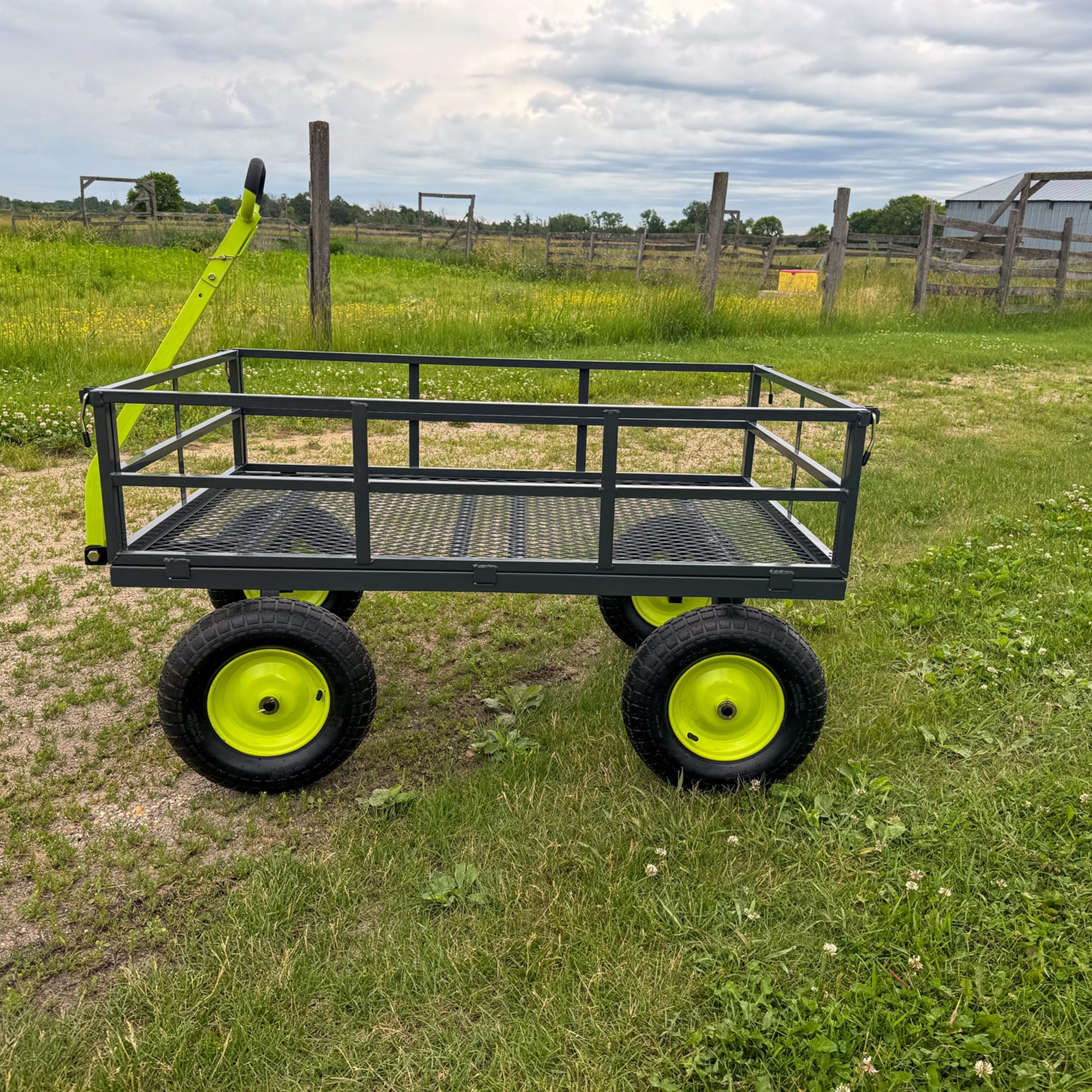 Yard Tuff Jumbo Wagon - Heavy Duty Steel Mesh Deck Utility Cart for Outdoor & Yard Work - 1400 lb Capacity with Large Stable Tires (34 x 52 Inch, Gray/Green) - Perfect for Gardening, Landscaping, Farm & Construction Use
