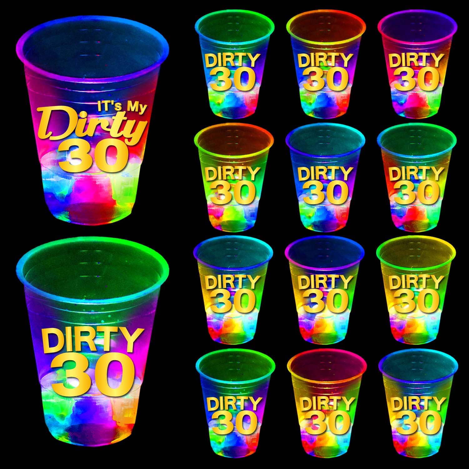 24 Pack Glow in The Dark Dirty 30 Birthday Party Cups - 16oz Light Up Flashing Cups for 30th Birthday Decorations, Night Events & Party Favors - Perfect for Adult Birthday Parties, Bachelorette Events & Glow Themed Celebrations