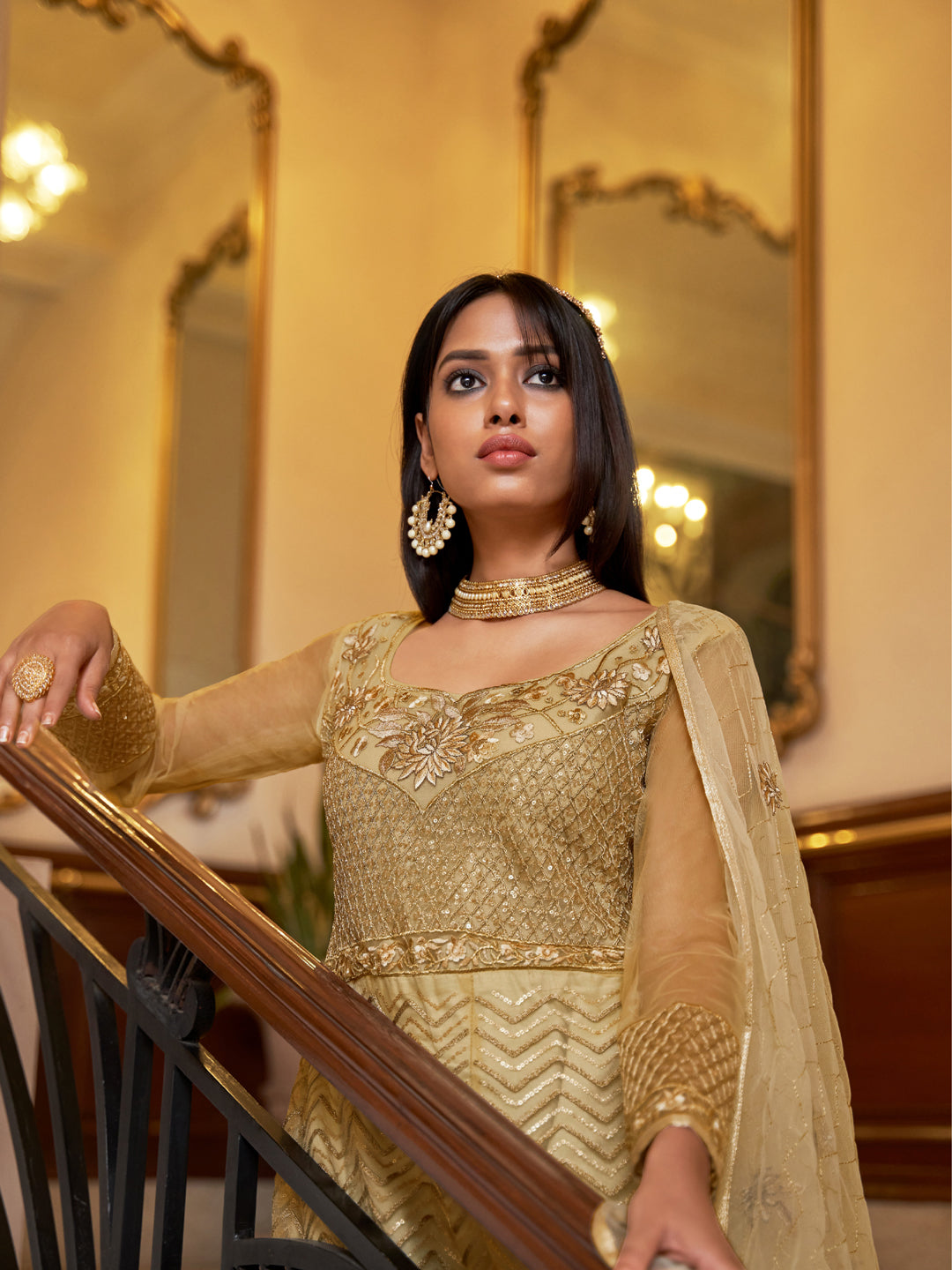 Elegant Beige Traditional Heavy Semi-Stitched Net Anarkali Suit with Intricate Embroidery Work - Perfect for Weddings, Festivals & Special Occasions