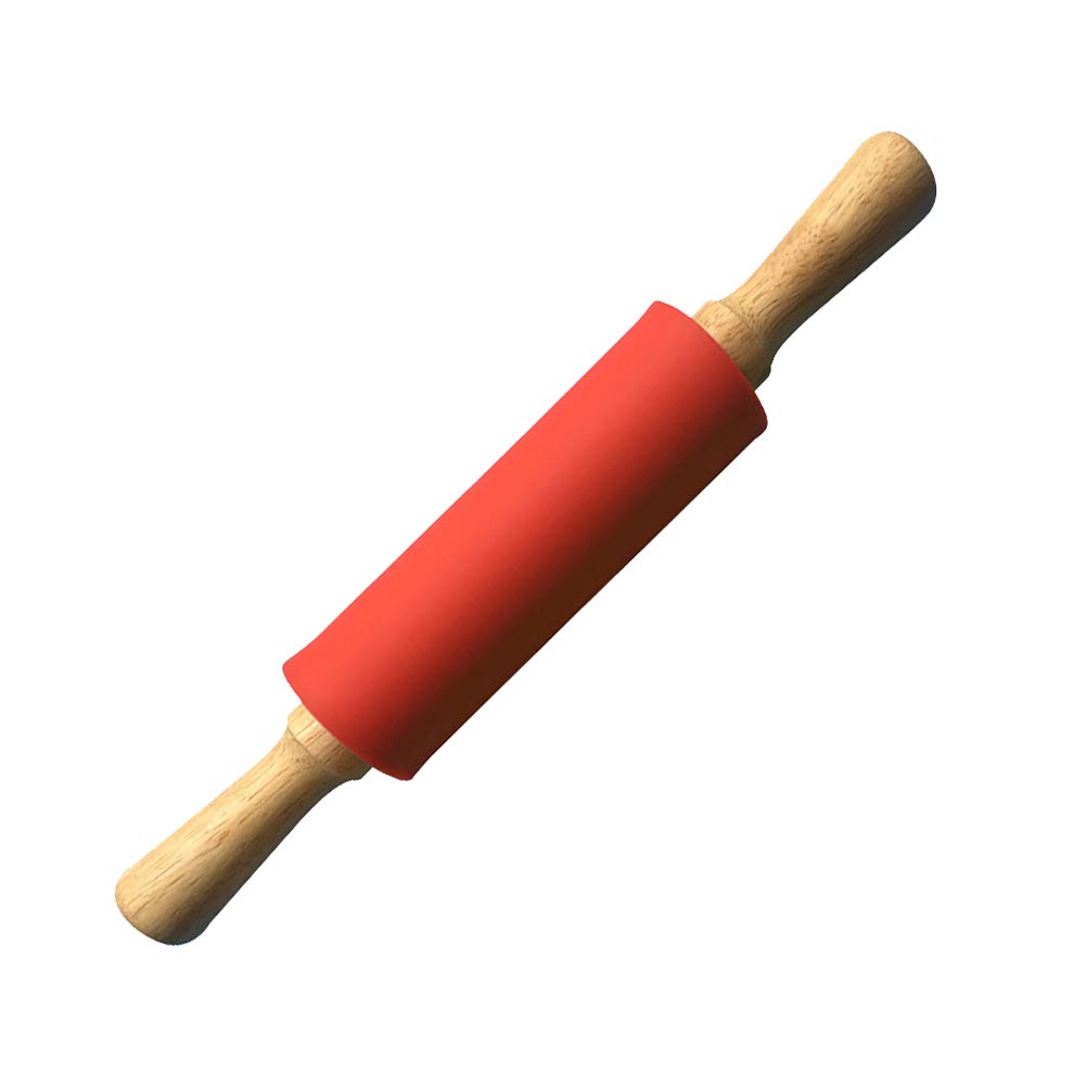 9 Inch Non-Stick Silicone Rolling Pin with Wooden Handle - Perfect for Baking Pizza, Tortilla, Dough, Bread, Cookies & Dumplings | Ideal for Home Kitchen & Professional Bakers (Red)