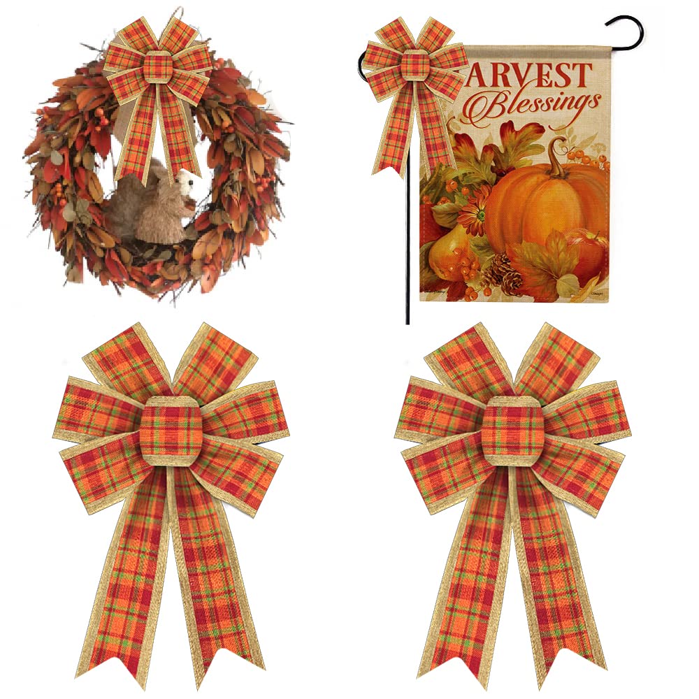 2 Pack Fall Wreath Bows - Red Orange Buffalo Plaid Thanksgiving Bows with Burlap Accents for Autumn Decor | Front Door Holiday Decorations, Thanksgiving Day & Seasonal Home Décor