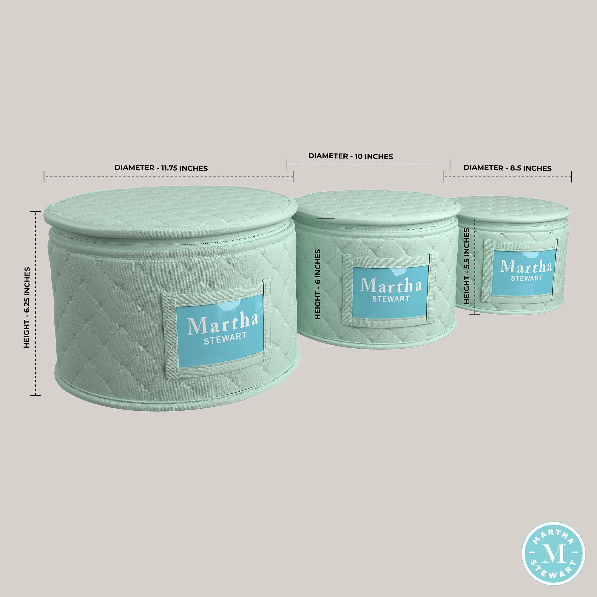 Martha Stewart 3-Piece Dinnerware Organizer Set with Felt Dividers - Plate Storage Case for Dessert, Salad & Dinner Plates, Stemware & Glassware - Perfect for Kitchen Cabinet, Buffet Server & Dining Room Organization