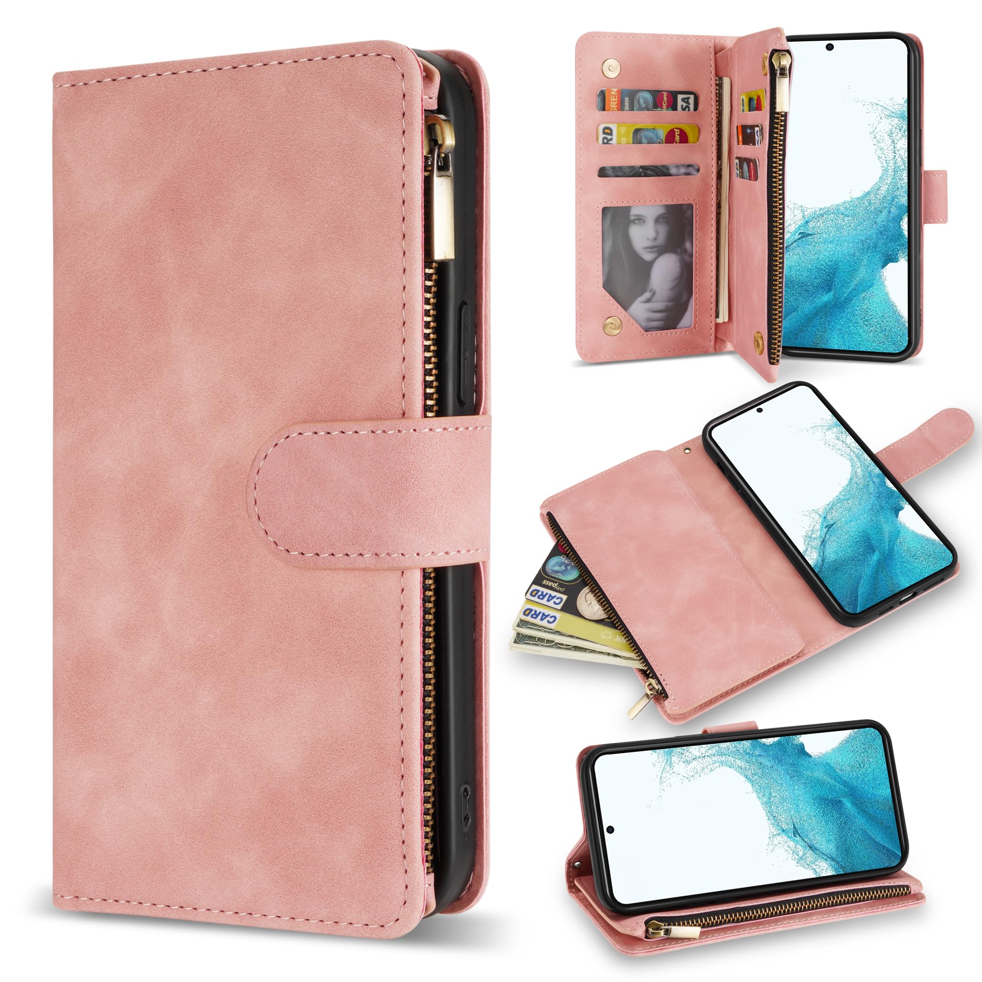Premium Soft PU Leather Zipper Flip Folio Wallet Case for Samsung Galaxy S22 (6.1 Inch) – Card Slot, Wrist Strap & Kickstand – Protective Pink Cover for Daily Use, Travel & Business