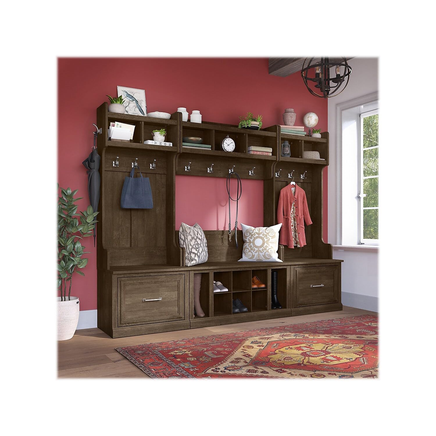 Bush Furniture Woodland 40W Shoe Storage Bench with Shelves in Ash Brown | Entryway Organizer for Shoes, Boots & Accessories | Perfect for Mudroom, Foyer & Hallway Storage Solutions