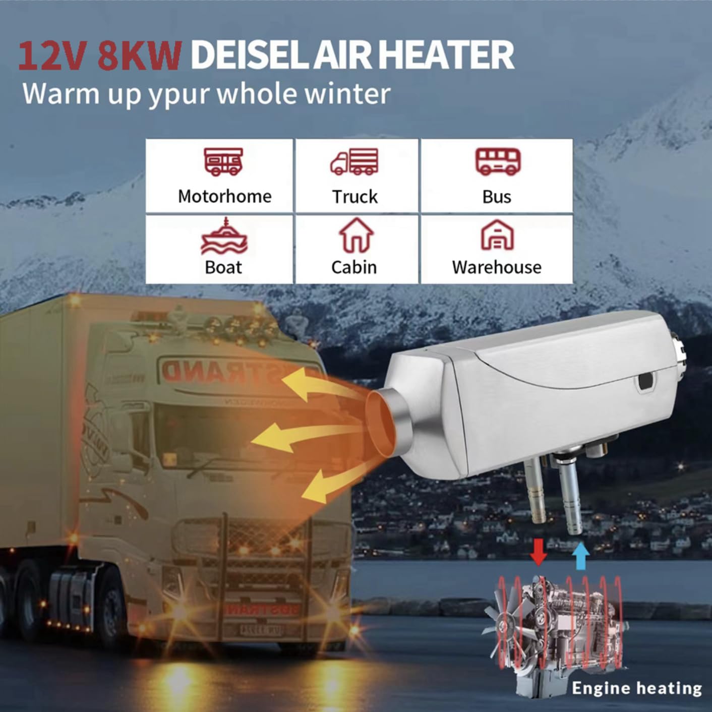 8KW 12V Diesel Parking Heater with LCD Display - Low Noise Air & Water Heater Combo for Cars, Trucks, RVs, Trailers, Boats, Garages & Outdoor Use - Perfect for Winter Camping, Off-Grid Living & Vehicle Heating