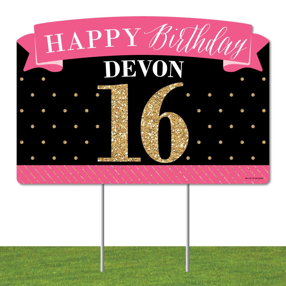 Personalized 16th Birthday Yard Sign - Pink, Black & Gold Happy Birthday Lawn Decor with Custom Name | Perfect for Sweet 16 Parties, Outdoor Celebrations & Instagrammable Backyard Decorations