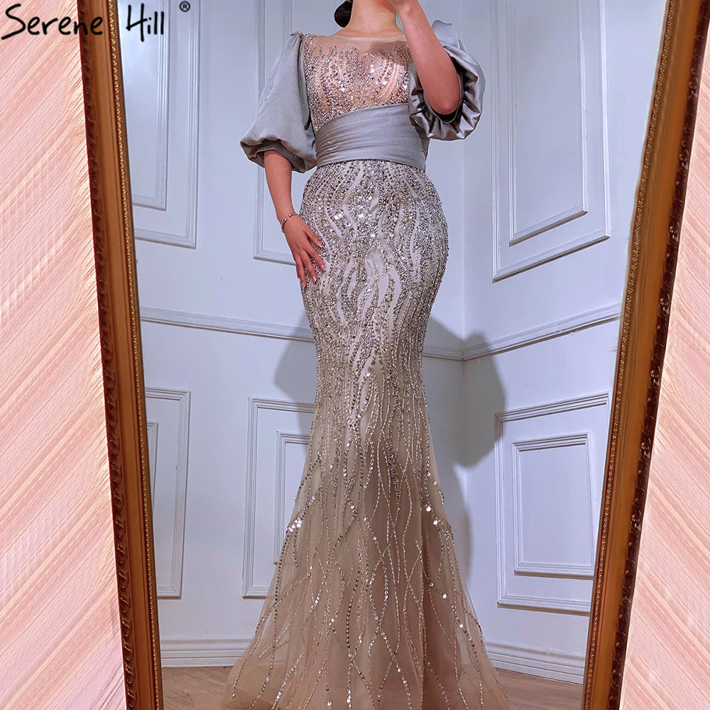 Serene Hill Silver Nude Luxury Mermaid Beaded Evening Dress with Puffy Sleeves - Elegant Women's Party Gown LA70809 | Perfect for Galas, Weddings & Formal Events